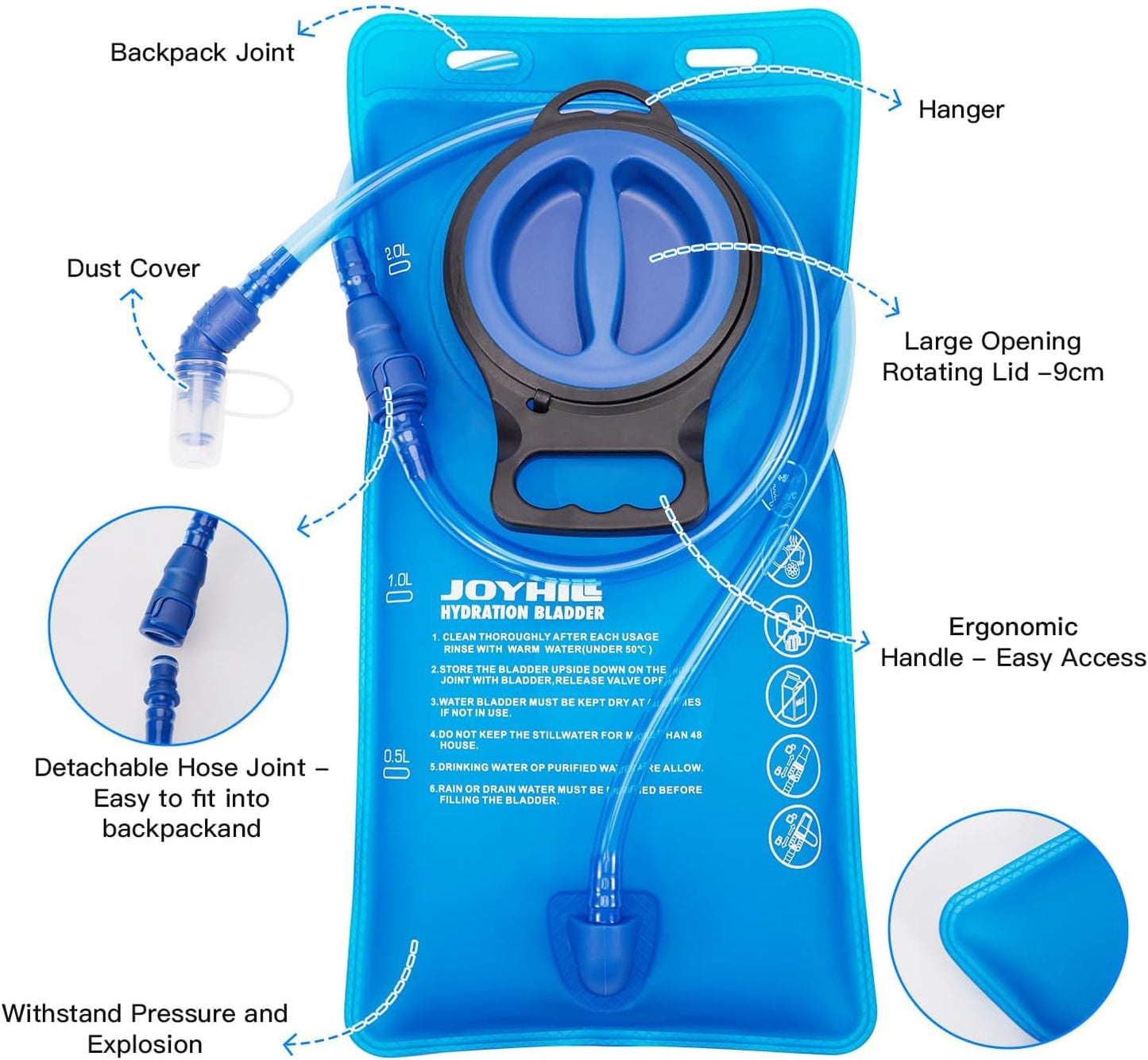 JOYHILL TPU Hydration Bladder,1.5L 2L 3L Water Bladder for Hiking Backpack BPA Free Leak Proof Hydration Pack