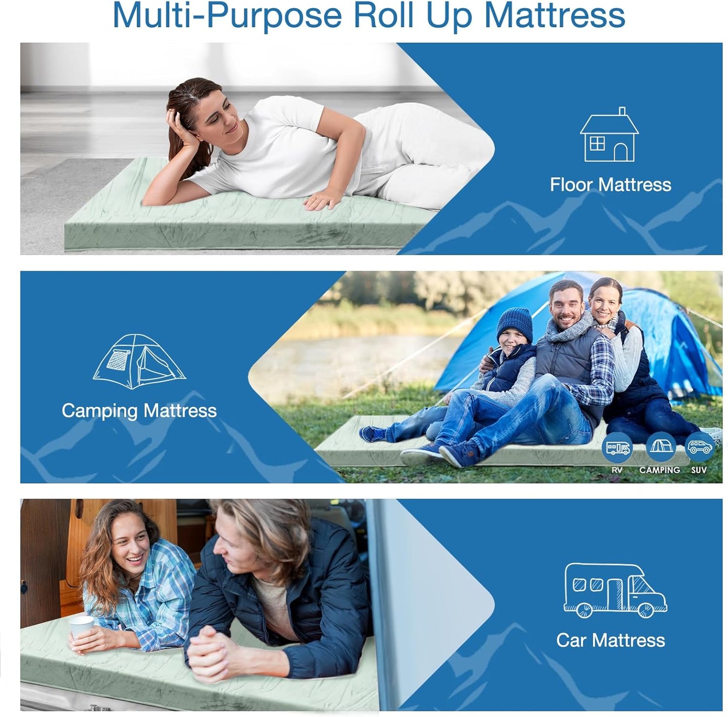 KingChii CertiPUR-US Memory Foam Camping Mattress, Portable Roll Up Travel Car Camping Mattress Sleeping Pad & Floor Mattress, Cot Mattress Guest Bed for Sleepover with Waterproof Cover & Travel Bag
