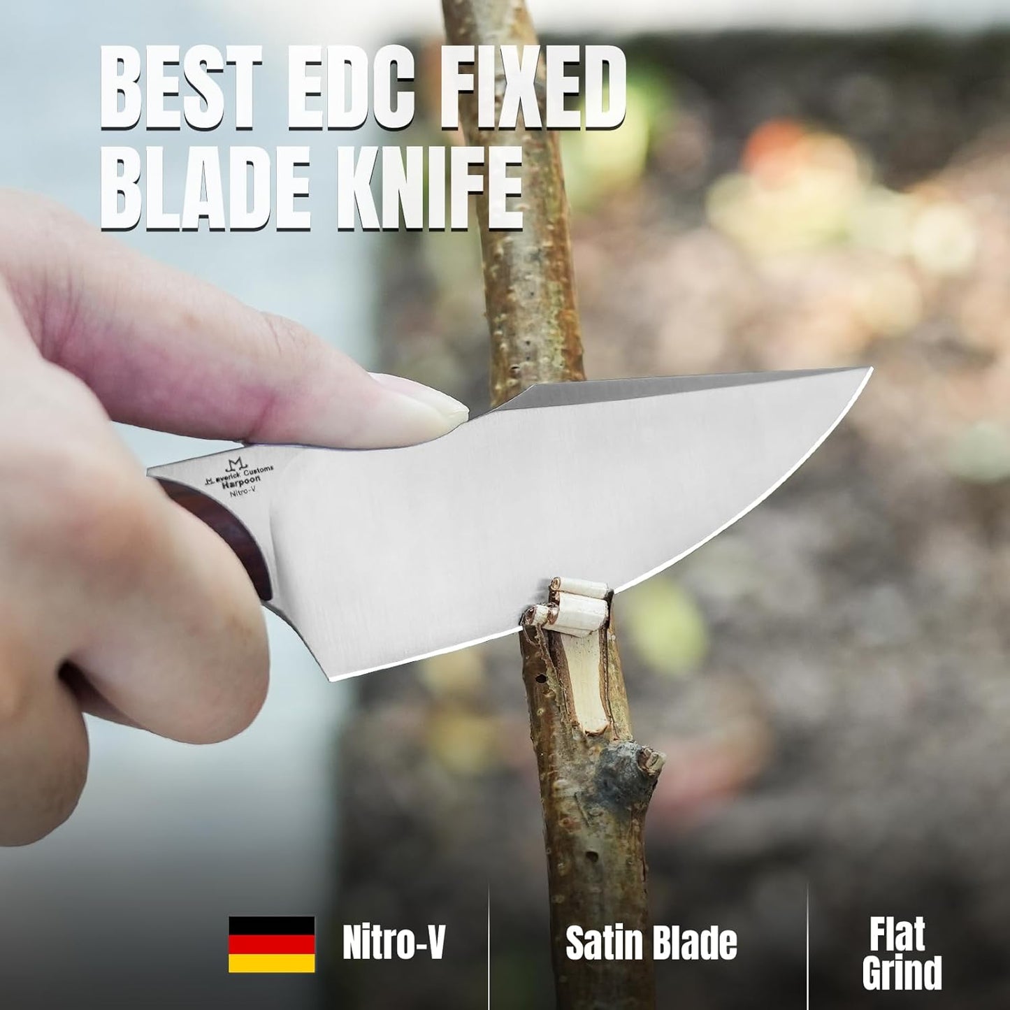 Kizer Harpoon Fixed Blade Knife with Sheath, 3.84” Nitro V Blade Hunting Knife with Red-sandalwood Handle, Camping Fixed Blade EDC Knives for Hiking, Survival 1040M3