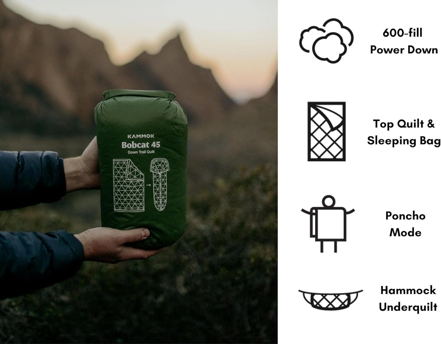 KAMMOK Bobcat 45°F - Down Trail Quilt, Water Resistant, Durable, Compact and Packable, Indoor/Outdoor Camp Blanket (84 in × 54 in)