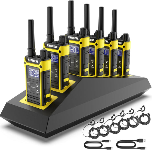 KETELESE T3F IP67 Waterproof Walkie Talkies, Rugged Two Way Radio with Earpiece, Triple Proof, Three Charging Options, FRS 2 Way Radio, NOAA, VOX (6 Pack), Black/Yellow