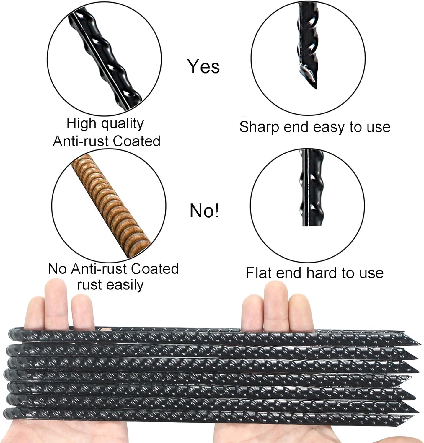 12 Inch Trampoline Wind Stakes Heavy Duty U Shaped Stakes for Ground, Trampoline Tie Down Anchor Kit for Swing Set, Camping Tents and Soccer Goal, Black Rebar Anchors (20)