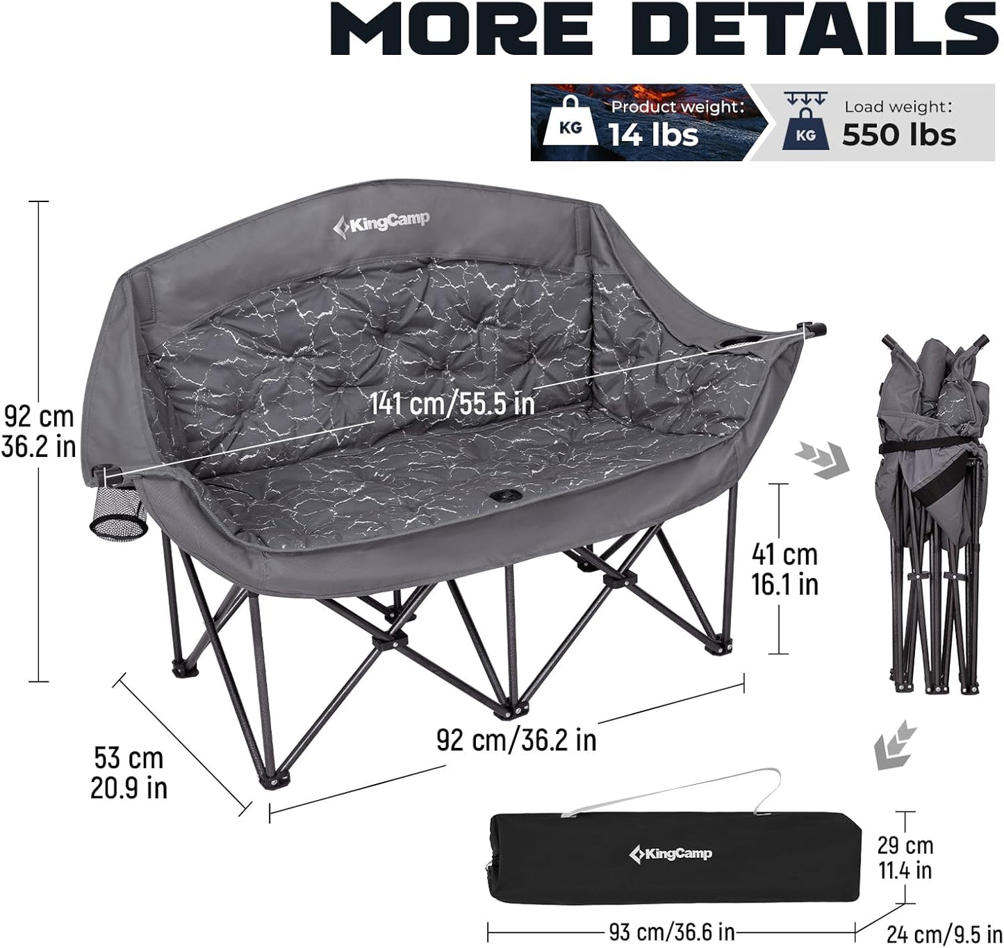 KingCamp Double Camping Chair, Oversized 660lbs Heavy Duty Padded Loveseat for Adults Portable Folding XL 2 Person Couch Comfortable Two Seat for Outdoor Lawn Backyard (Dual-Density Padding