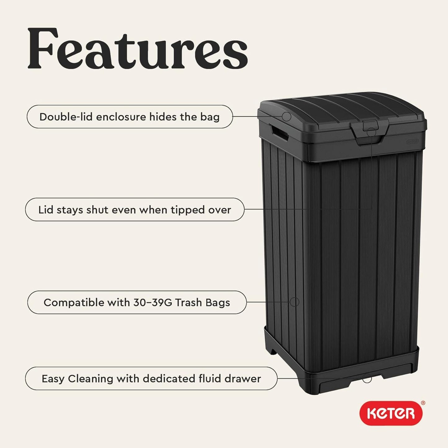Keter Baltimore Resin 38 Gallon Outdoor Kitchen Trash Can with Lid and Drip Tray for Easy Cleaning-Perfect for Patio Dining, Black