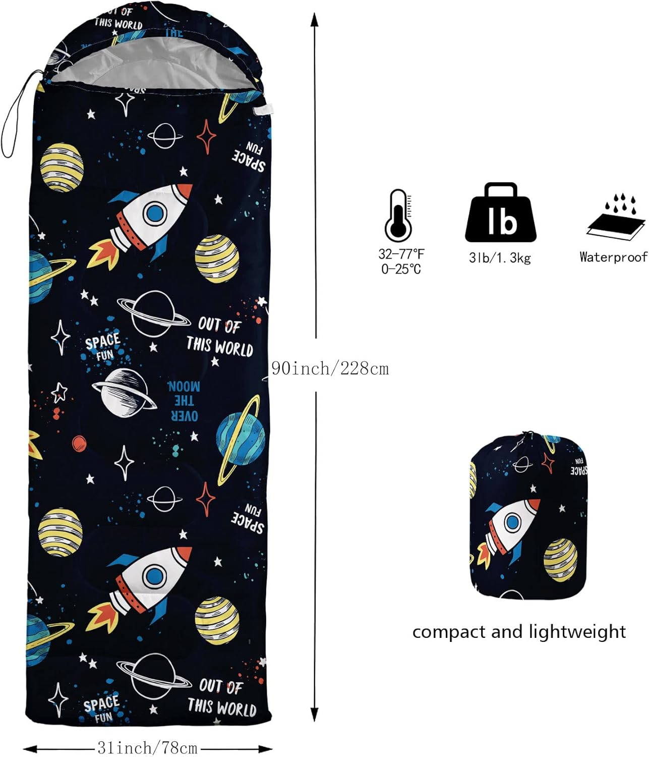 Kids Sleeping Bag for Boys Girls,Rocket Moon Print-Lightweight Warm Portable Outdoor Indoor-Waterproof Cold Weather Resistant Sleeping Bag for Camping Hiking