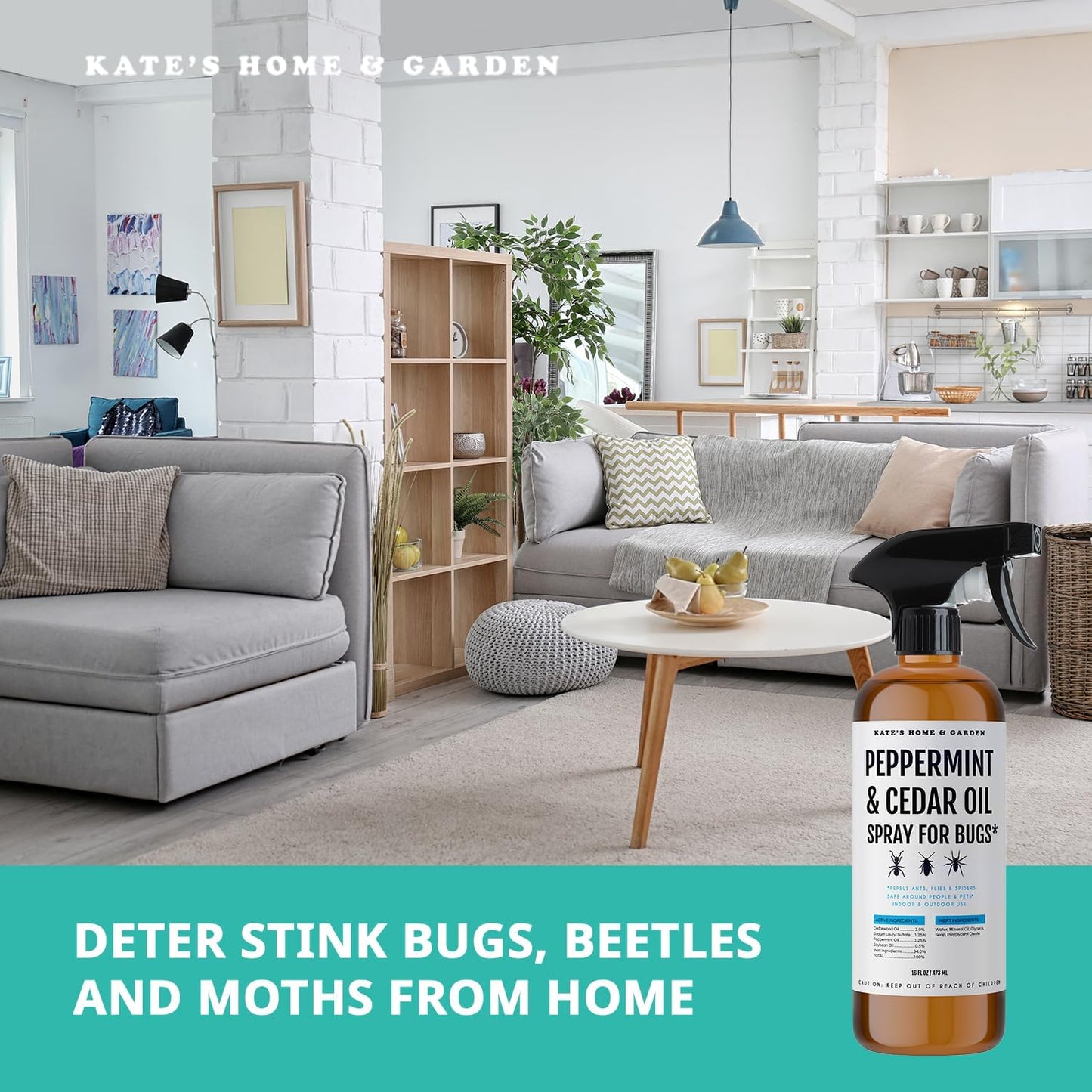 Kate's Home & Garden Peppermint Oil Spray for Bugs, Ants, Insects, Spiders, Roaches, Stink Bug. Pesticide and Insecticide Indoor Repellent Pest Control with Cedar Oil (16oz, Natural, Non Toxic)