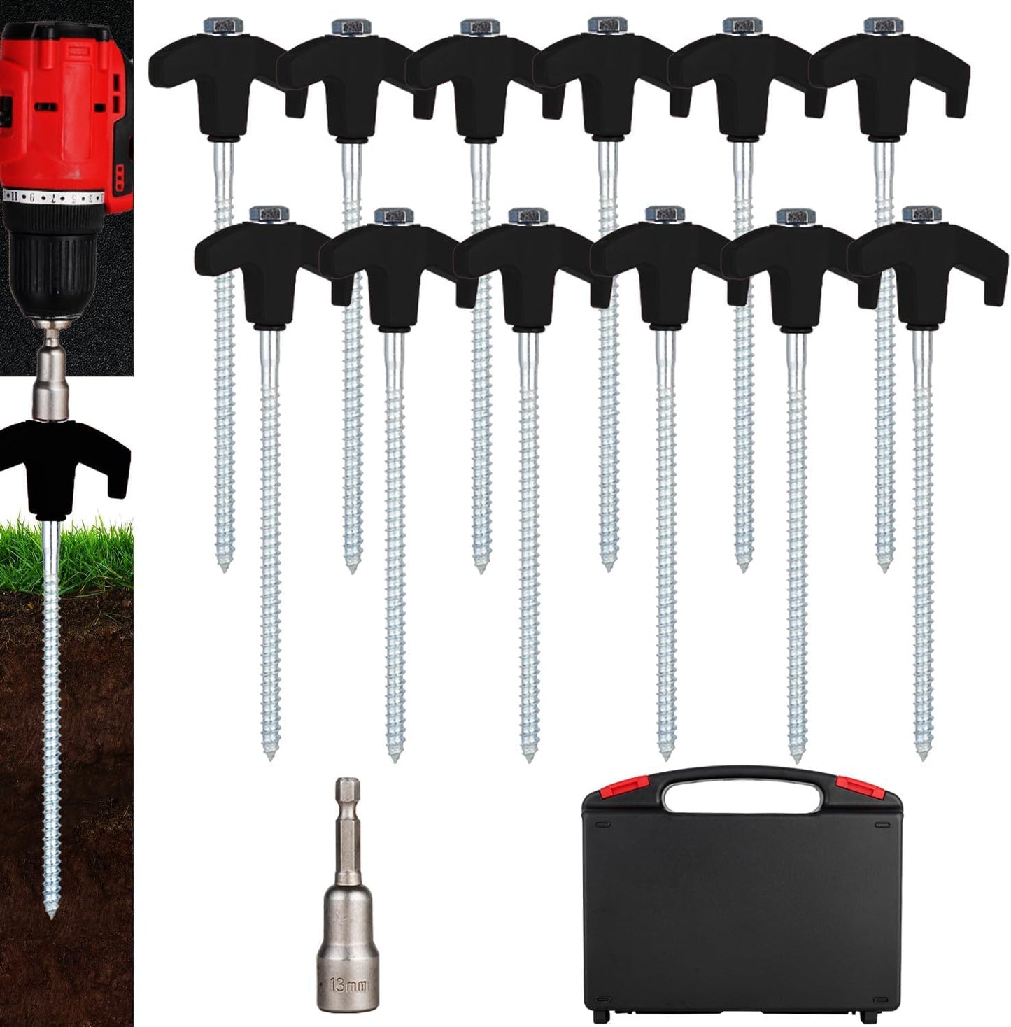 12 Pack Screw in Tent Stakes Heavy Duty,8 ’’ Ground Anchors Screw in,Metal Stakes with Hex Head Driver and Sturdy Storage Box. (12, Black)