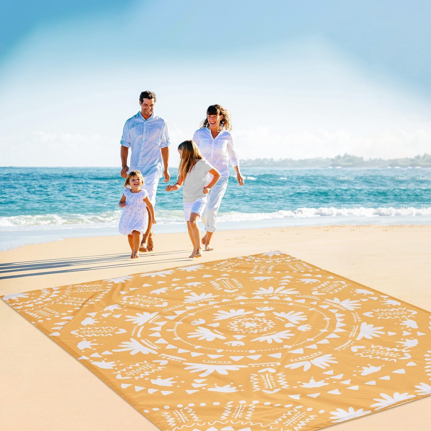 110''×118'' Extra Large Sandproof Beach Blanket 4-8 Adults, Waterproof Foldable Picnic Blankets with 4 Stakes & 4 Pockets, Lightweight Boho Outdoor Beach Mat for Travel, Camping, Hiking