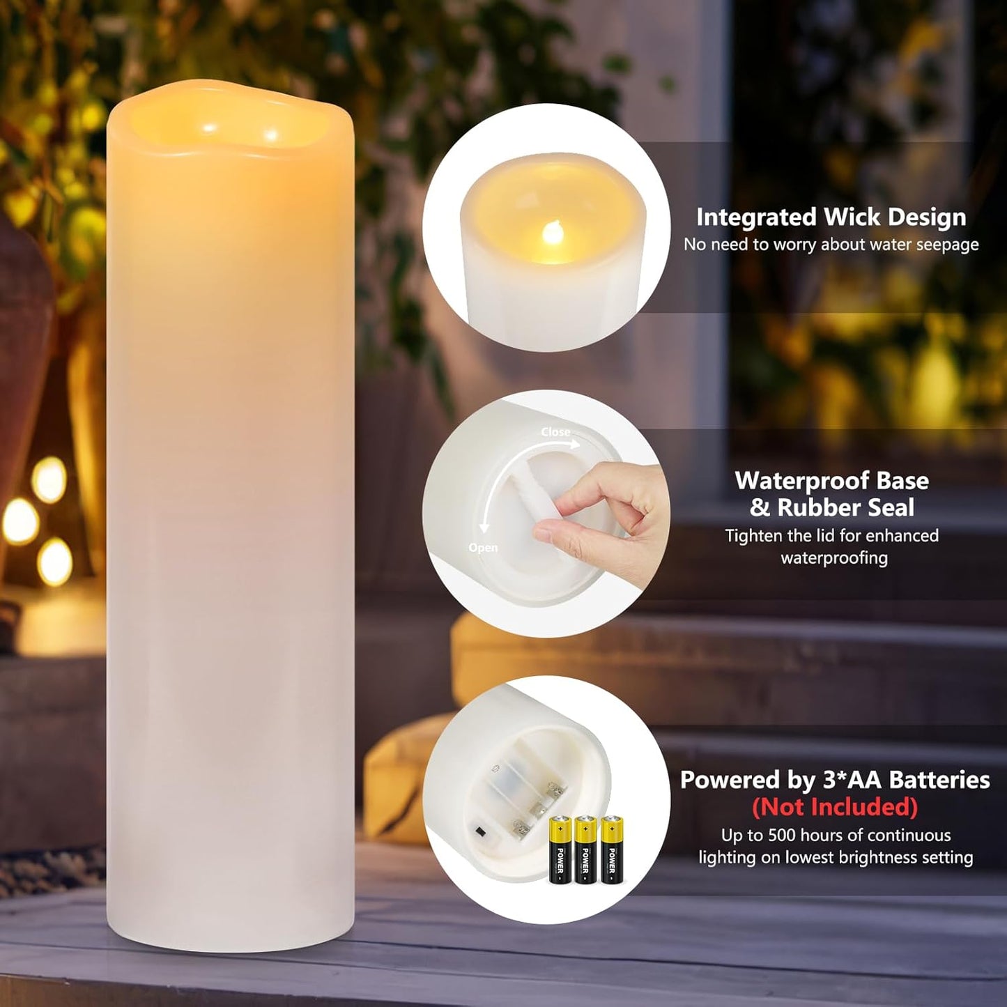 Kimjo 14" x 4" Large Outdoor Candles with Remote: Battery Operated LED Flameless Candles with Timer - Realistic Fake Waterproof Flickering Pillar Candles for Patio Porch Lanterns (White 2 Pack)
