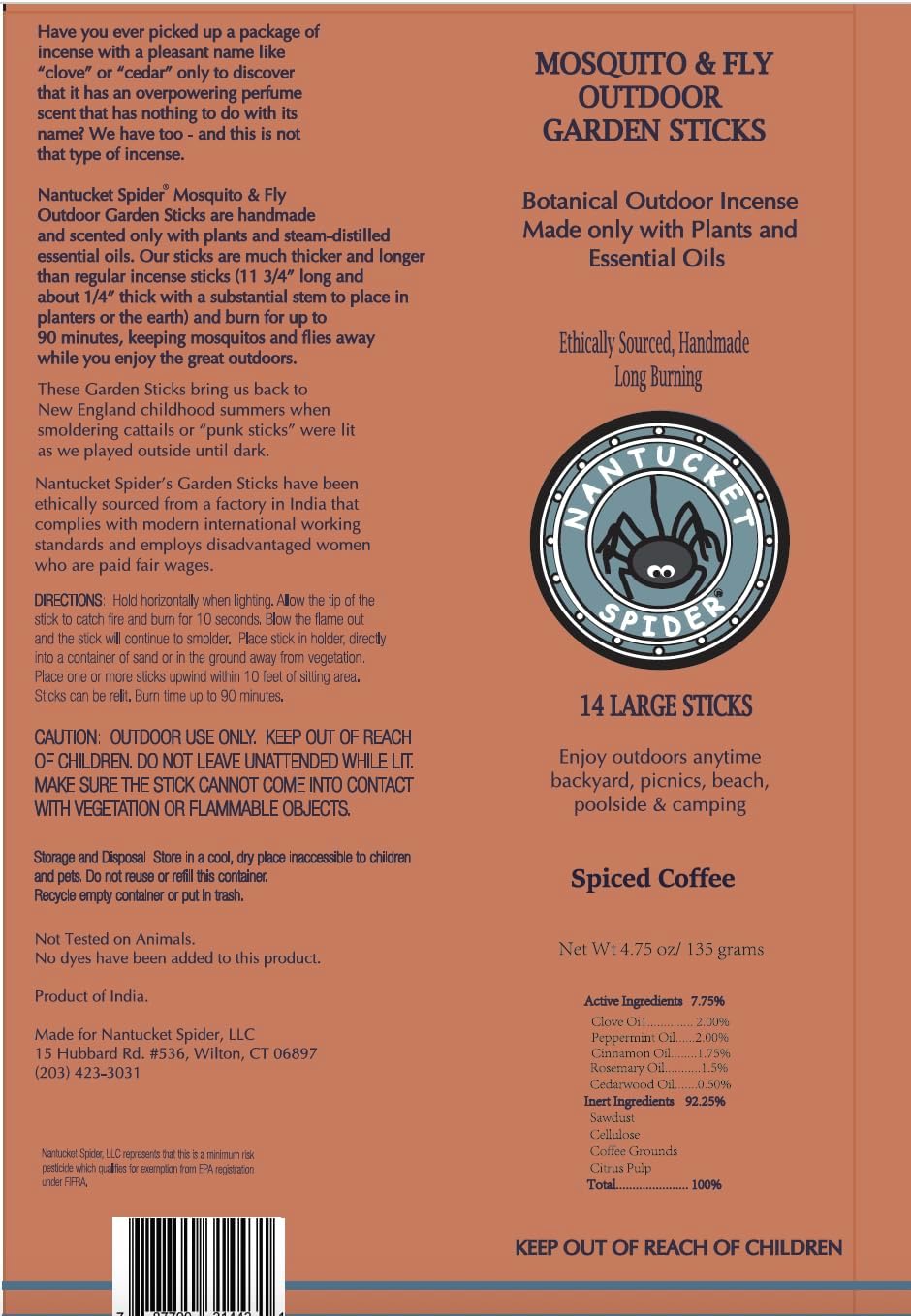 Nantucket Spider Mosquito Sticks and Holder | Mosquito Repellent Sticks 14 Pack and Holder | Repels Mosquitoes & Flies | Long Lasting | Spiced Coffee Scent