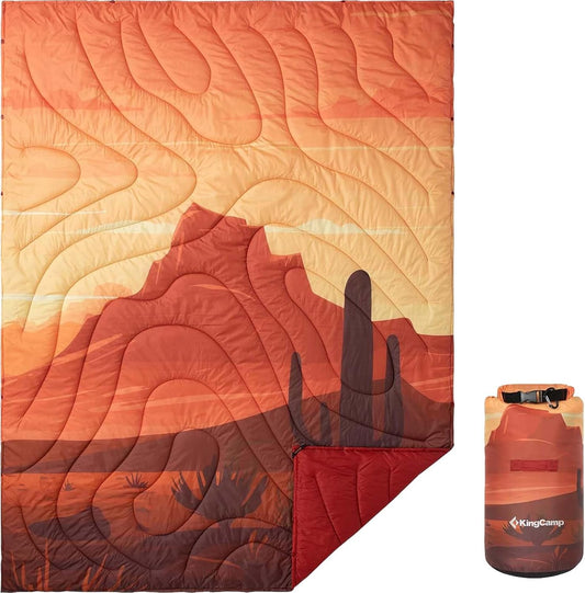 KingCamp Ultralight Camping Blanket, Packable Down Alternative Puffy Printed Wearable Blanket with Snap Buttons & Corner Loops Weatherproof Quilt for Outdoor Travel Stadium (79" x 57", Cactus)