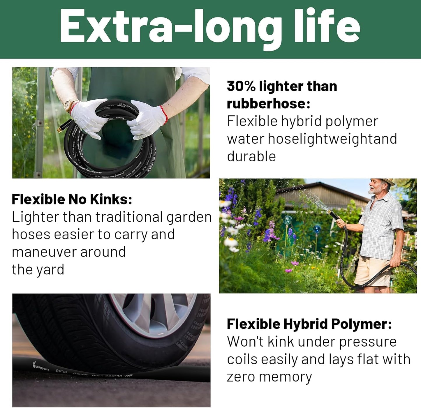 100 ft Garden Hose, 5/8 in Heavy Duty Water Hose, Flexible and Durable, Lightweight Rubber Hybrid Hose, Leak-Free Connections, Male to Female Fittings, BT100B, Black