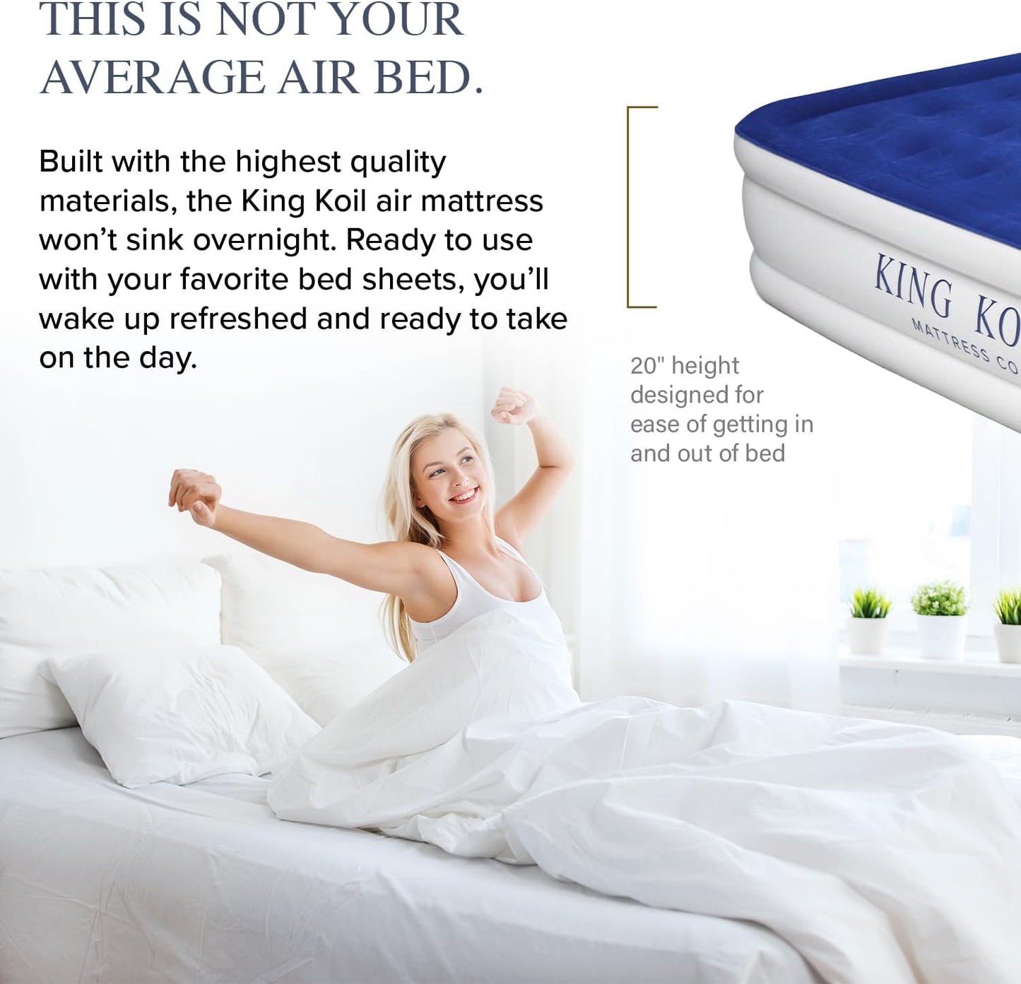 King Koil Premium California King Size Air Mattress with Built-in Pillow & Patented High-Speed Built in Pump, 20" King Size Premium Double High Airbed for Home, Camping & Guests, 1-Year Warranty