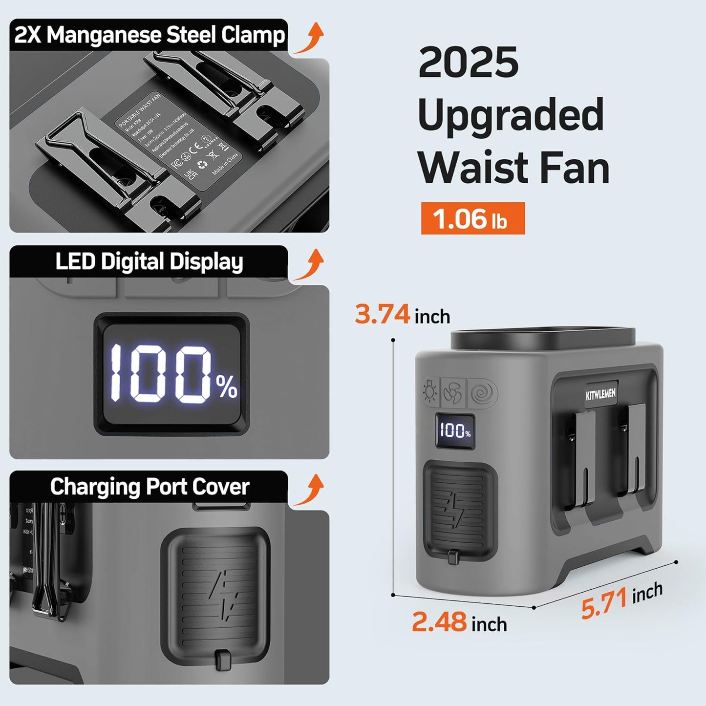 KITWLEMEN 14500mAh Portable Waist Fan - Personal Clip on Belt Fan, Dual Air Outlet, 5 Speed 35H Cooling, Rechargeable Battery Operated, Wearable with Lanyard & Light for Camping, Travel, Jobsite