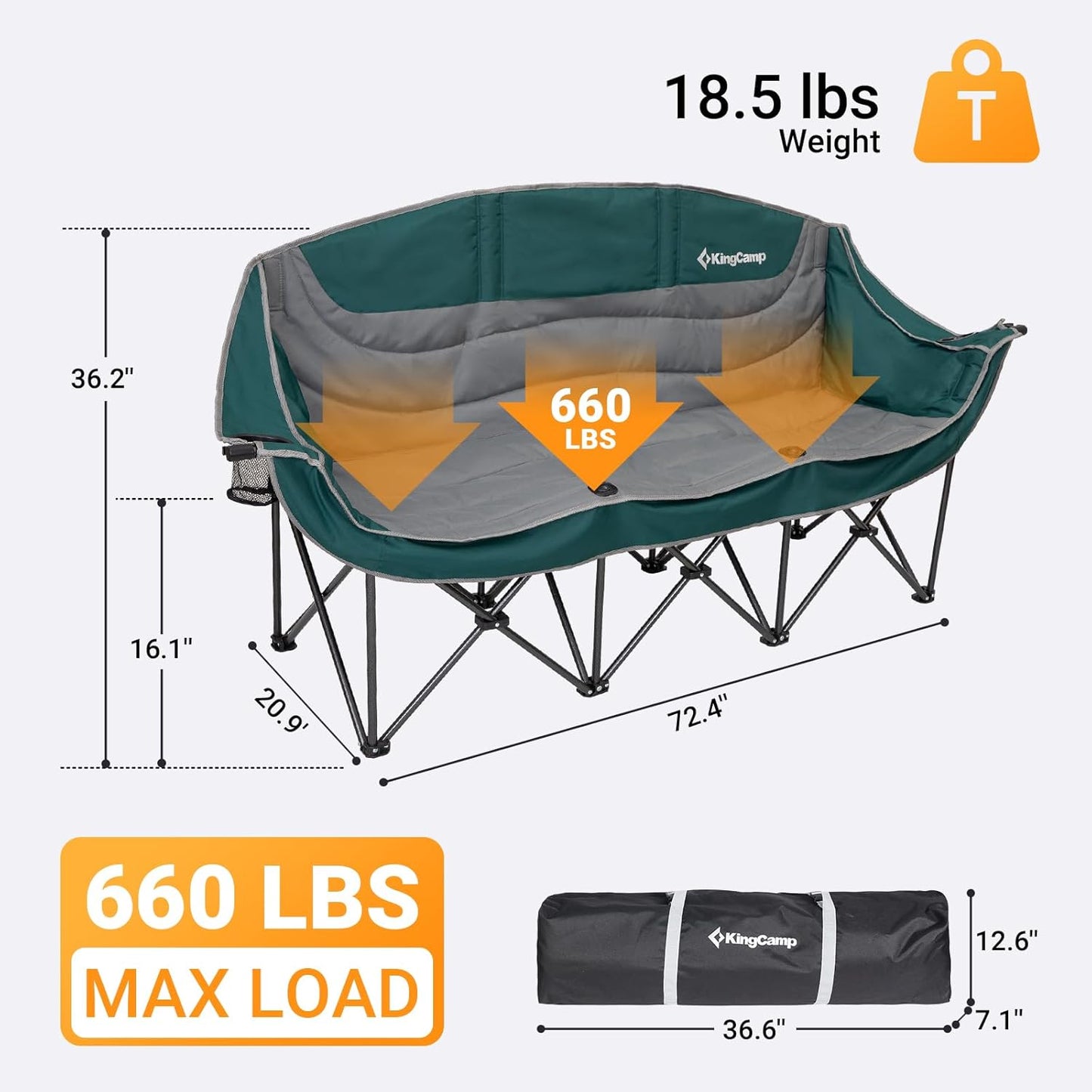 KingCamp 3 Person Camping Chair, Oversized 660lbs Heavy Duty Loveseat for Adults Portable Folding XL 2 Person Couch Padded Comfortable Three Seat with Cup Holder for Outdoor Lawn Backyard, Green/Grey