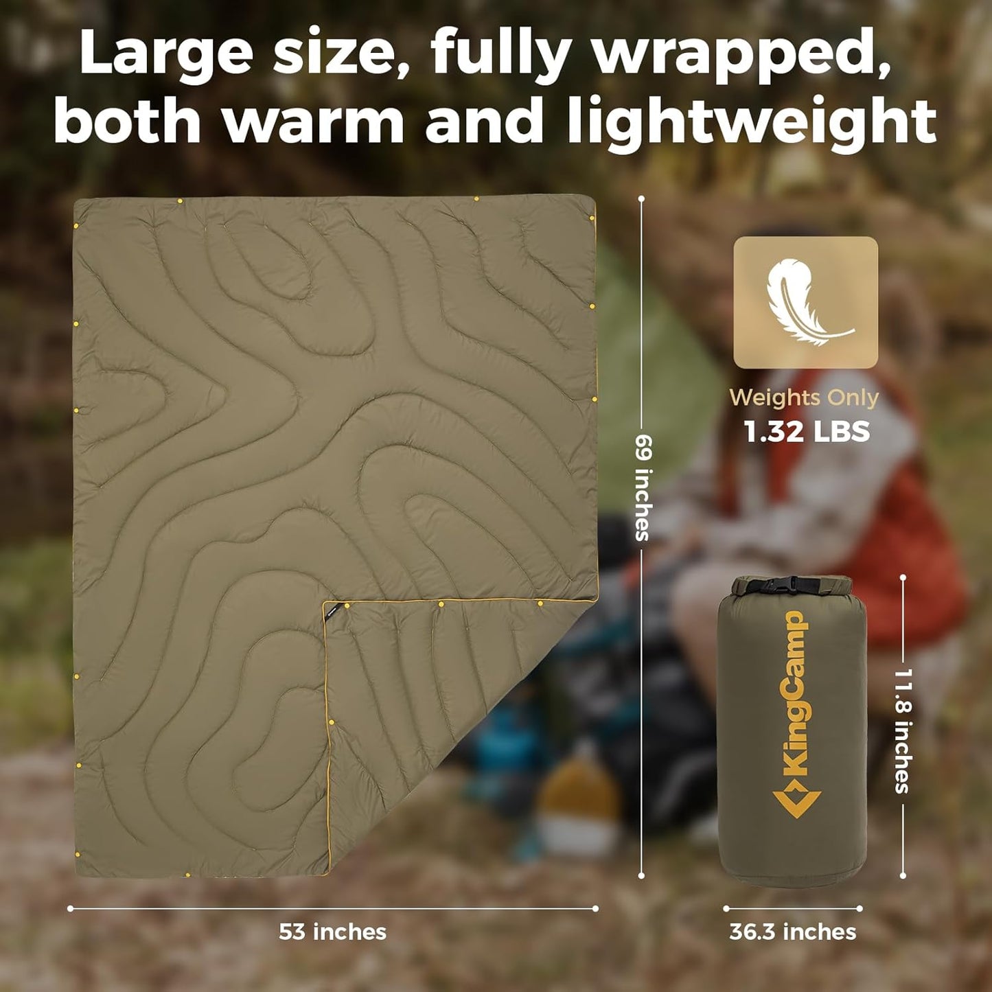 KingCamp Ultralight Camping Blanket, Packable Down Alternative Puffy Wearable Blankets Weatherproof Warm Package Quilt with Snap Buttons & Corner Loops for Outdoor Travel Stadium (69"L x 53"W, GREEN)