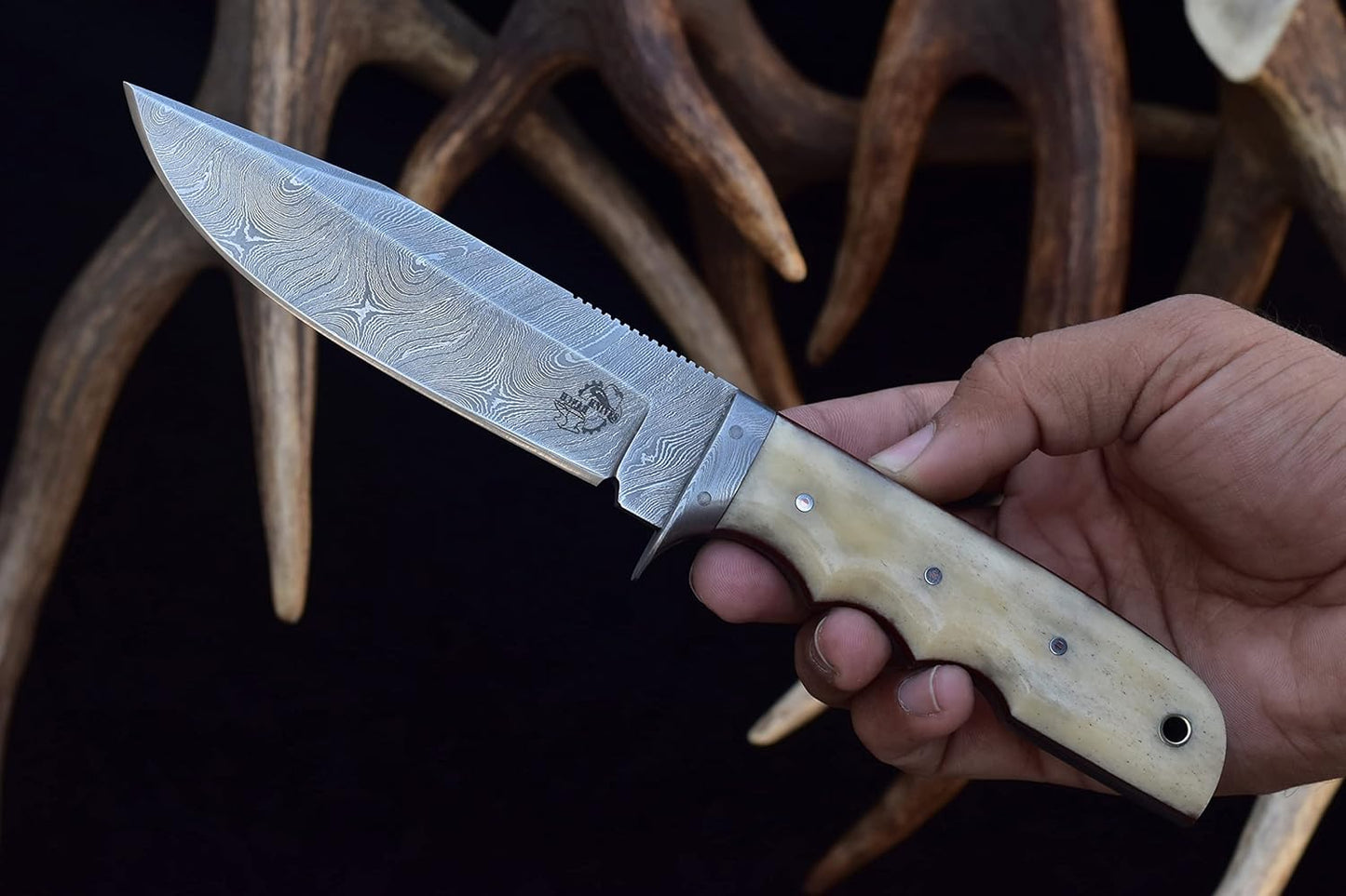 Knives Ranch 9-1/2" Handmade Hunting Knfie - Full Tang Camping Knife - Damascus Bushcraft Knife - Cattle Bone Handle - Heavy-duty Leather Sheath (2151-B)