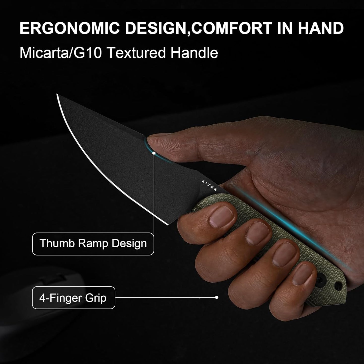 Kizer Harpoon Fixed Blade Knife with Sheath, 3.88” D2 Fixed Blade EDC Knife with Micarta Handle for Hunting, Camping, Hiking, Survival 1040M4