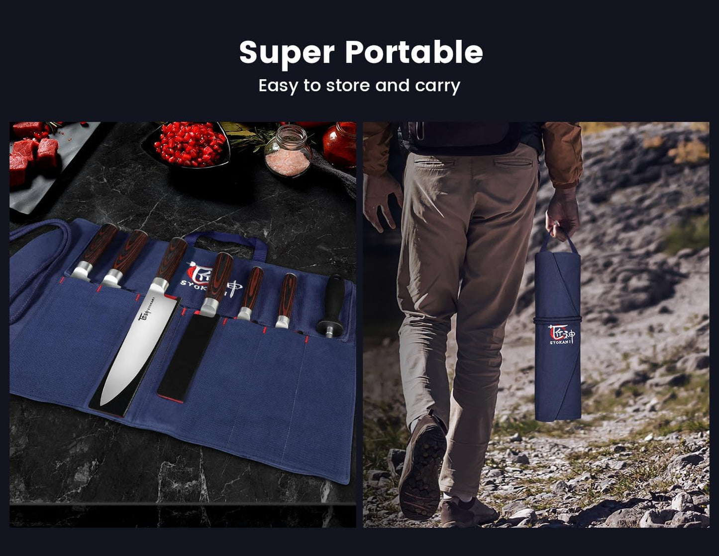 14pcs Chef Knife Set with Roll Bag, Professional Stainless Steel Japanese Knife Set with Pakkawood Handle for Professional Chef, Camping, Travel, BBQ, RV or Gift Blue