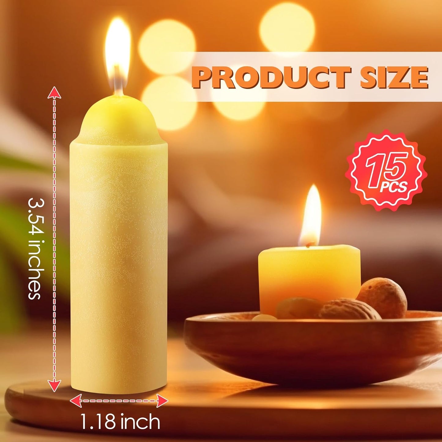 15 Pcs 15H Natural Beeswax Candles for Candle Lanterns, Emergency Candle for Outdoor Survival, Smokeless Long Lasting Bougie for Home Power Outages, Emergency, Survival(Yellow,Beeswax)