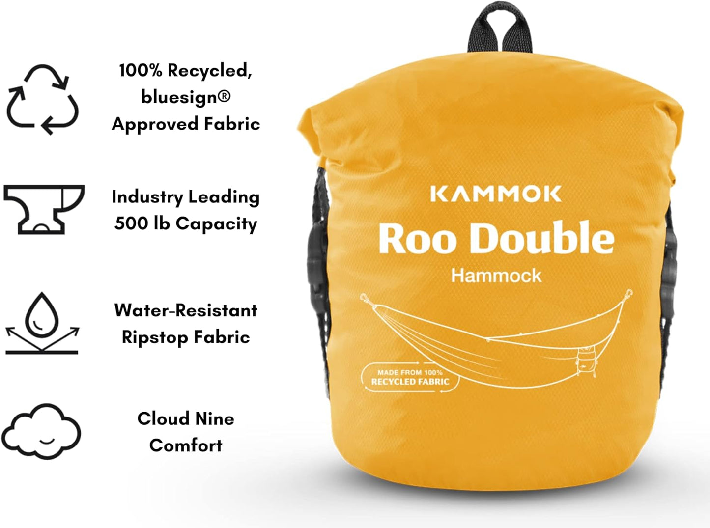 KAMMOK: Roo Double Hammock | Made from Strong & 100% Recycled Water Resistant Ripstop Fabric | Comfortable, Packable, Lightweight (Lifetime Adventure Grade Warranty), Sunflower Gold