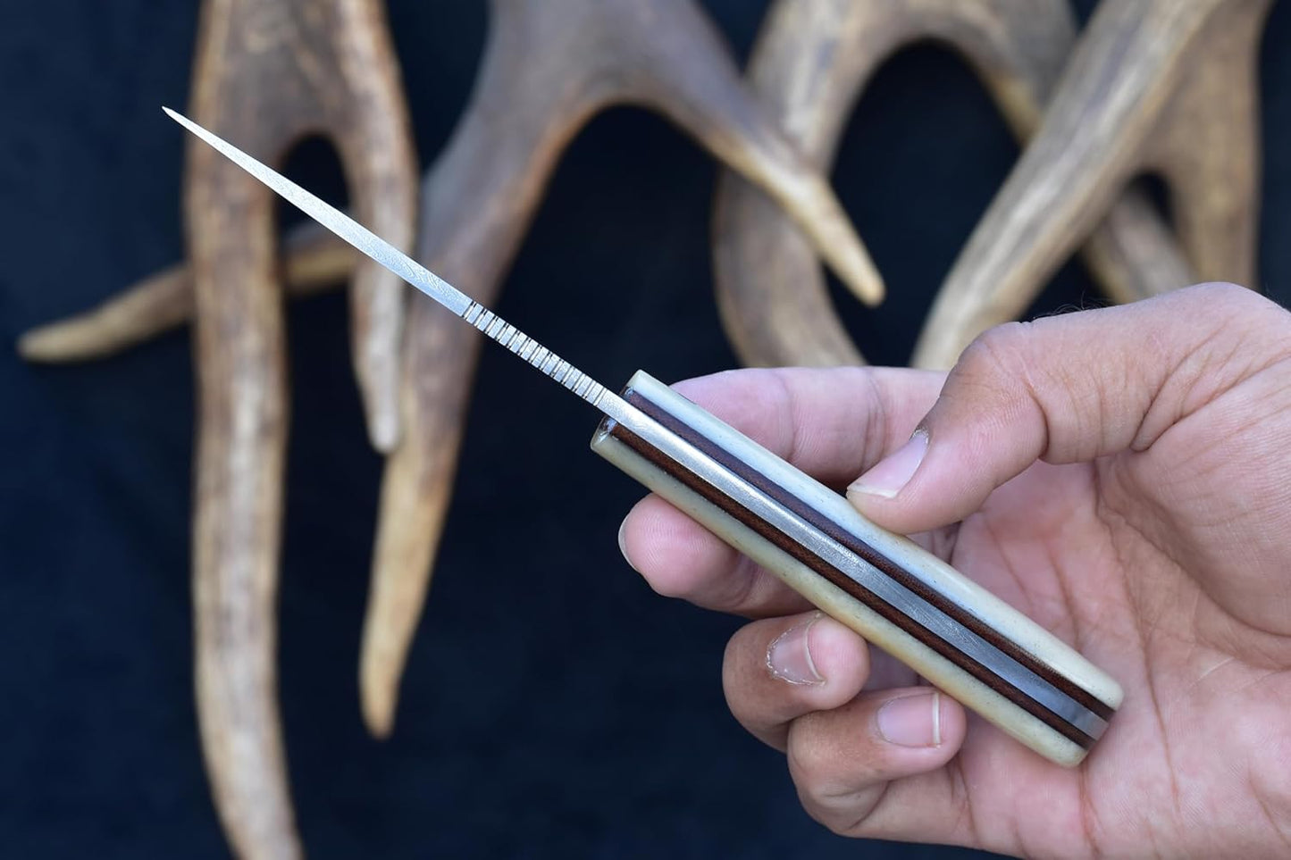 Knives Ranch 7" Full Tang EDC Hunting Knife - Damascus Steel - Excellent Edge Retention - Bone Handle - Horizontal Carry Leather Sheath Snug Fit (3056-B)