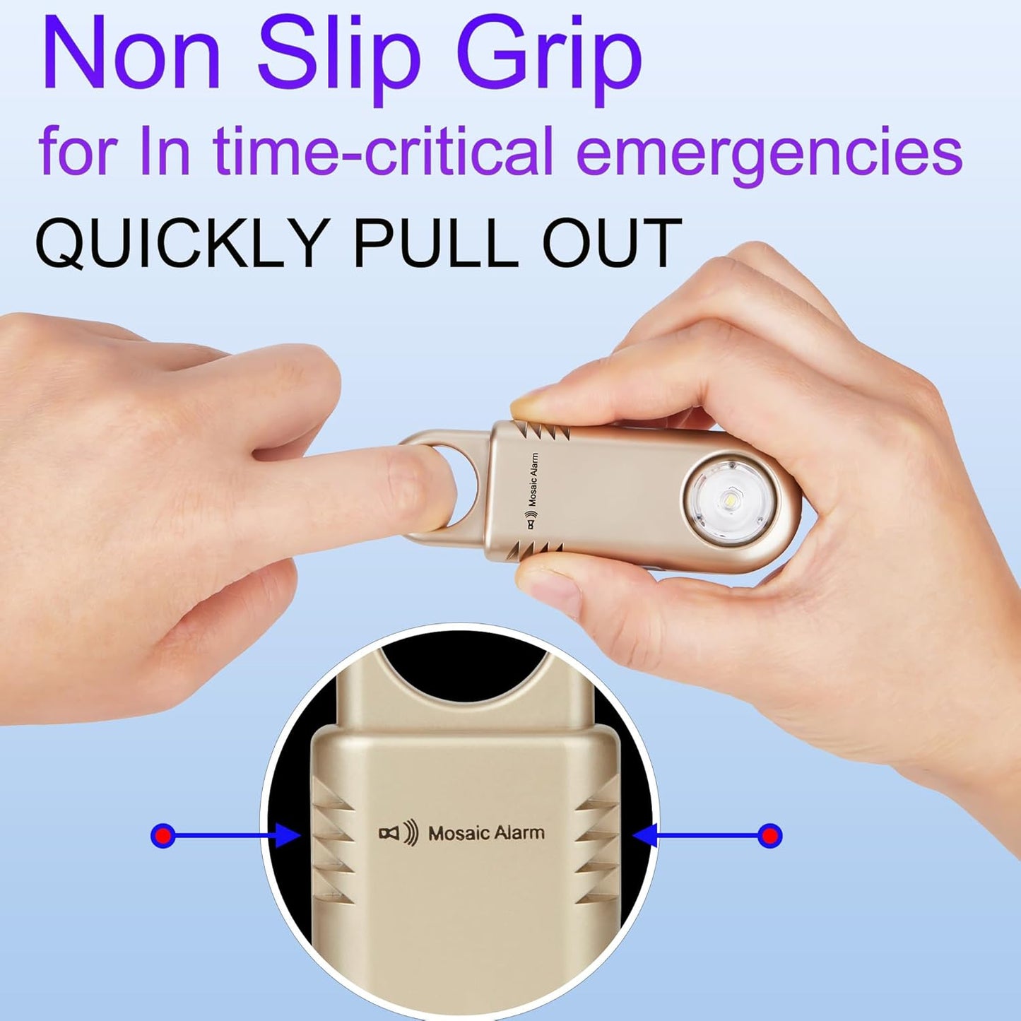 135dB Rechargeable Personal Safety Alarm Strobe Light Non Slip Grip Keychain Siren for Women Students. Emergency Mutual SOS Paging Alerts Loud Sound Flashlight Hiking Bear Alarm. Gold