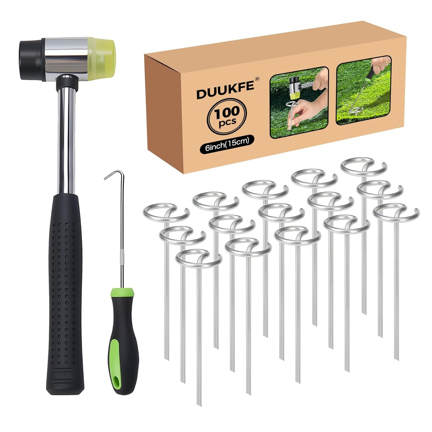 100pcs Landscape Fabric Pins, Heavy Duty Galvanized Landscape Staples Weed Barrier Stakes Lawn Staples with Staples Remover Mallet Yard Stakes Staples for Lawn Edging Ground Cover Outdoor Gardening