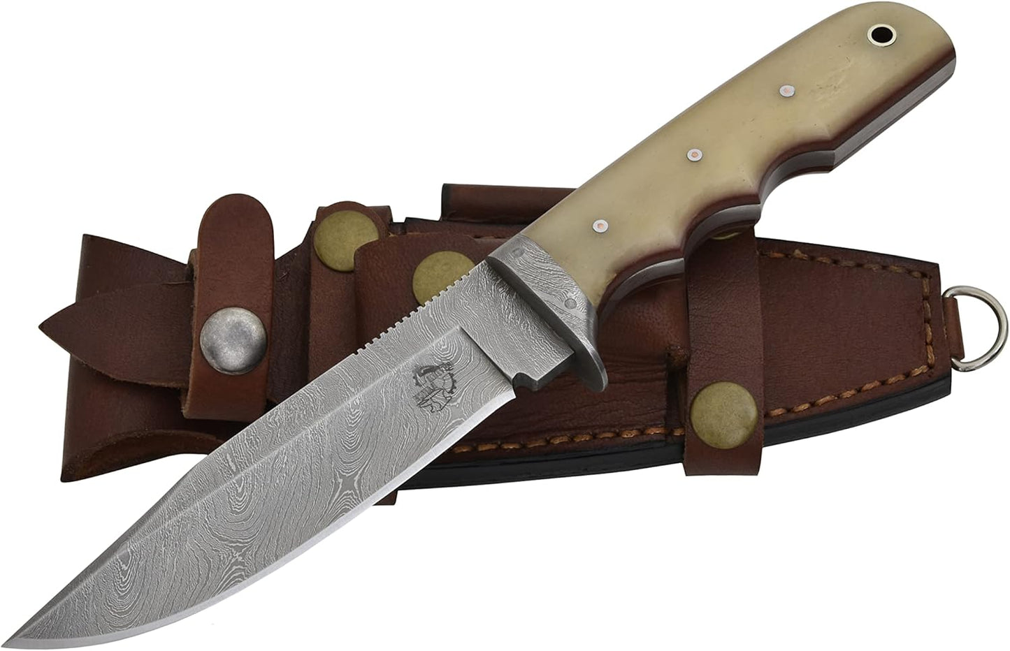 Knives Ranch 9-1/2" Handmade Hunting Knfie - Full Tang Camping Knife - Damascus Bushcraft Knife - Cattle Bone Handle - Heavy-duty Leather Sheath (2151-B)