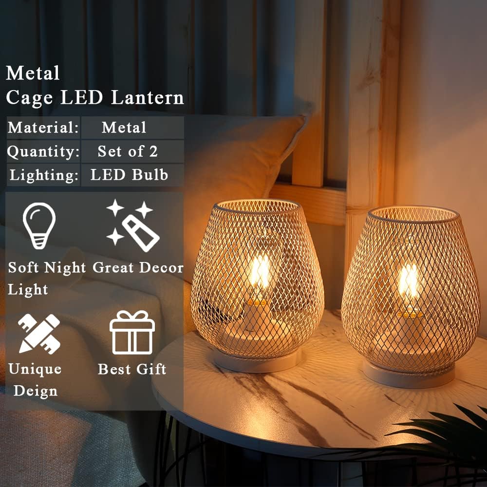 JHY DESIGN Set of 2 Metal Cage LED Lanterns Battery Powered Cordless Accent Light with LED Great for Weddings Parties Patio Events for Indoors Outdoors(White)