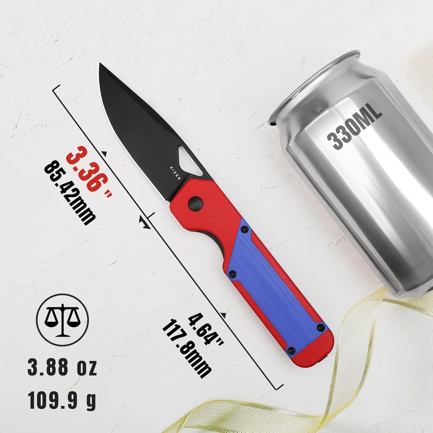 Kizer Militaw EDC Pocket Knife, 3.36'' Nitro V Blade Folding Knife, Red & Blue G10 Handle with Pocket Clip, Thumb Hole & Front Flipper Opener, Camping Hunting Knife for Men Women Gift V3634A2