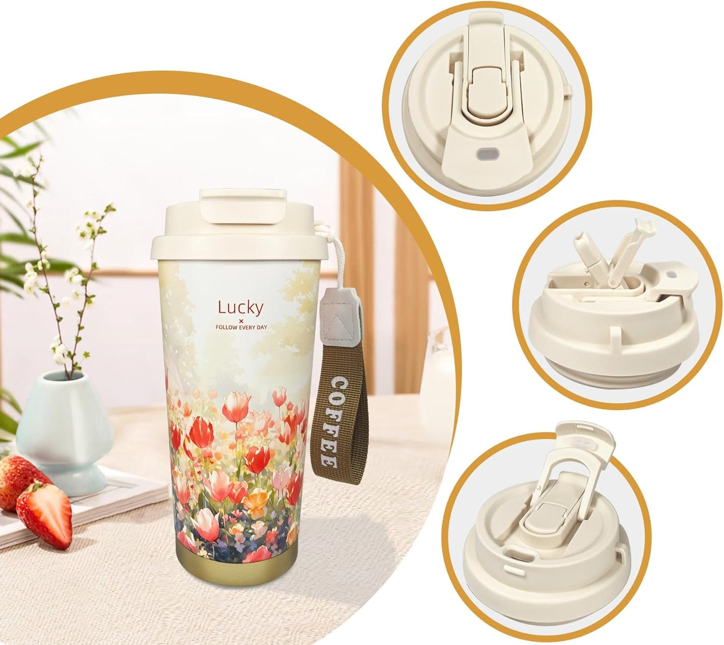 17oz Camping Coffee Makers with Ceramic Coating,Camp Pour Over Coffee Maker Set,Double Wall Vacuum Leak-Proof Mug for Office School Party Camping,Tea Infuser Mug for Loose Leaf Tea (17oz Lucky Tulip)