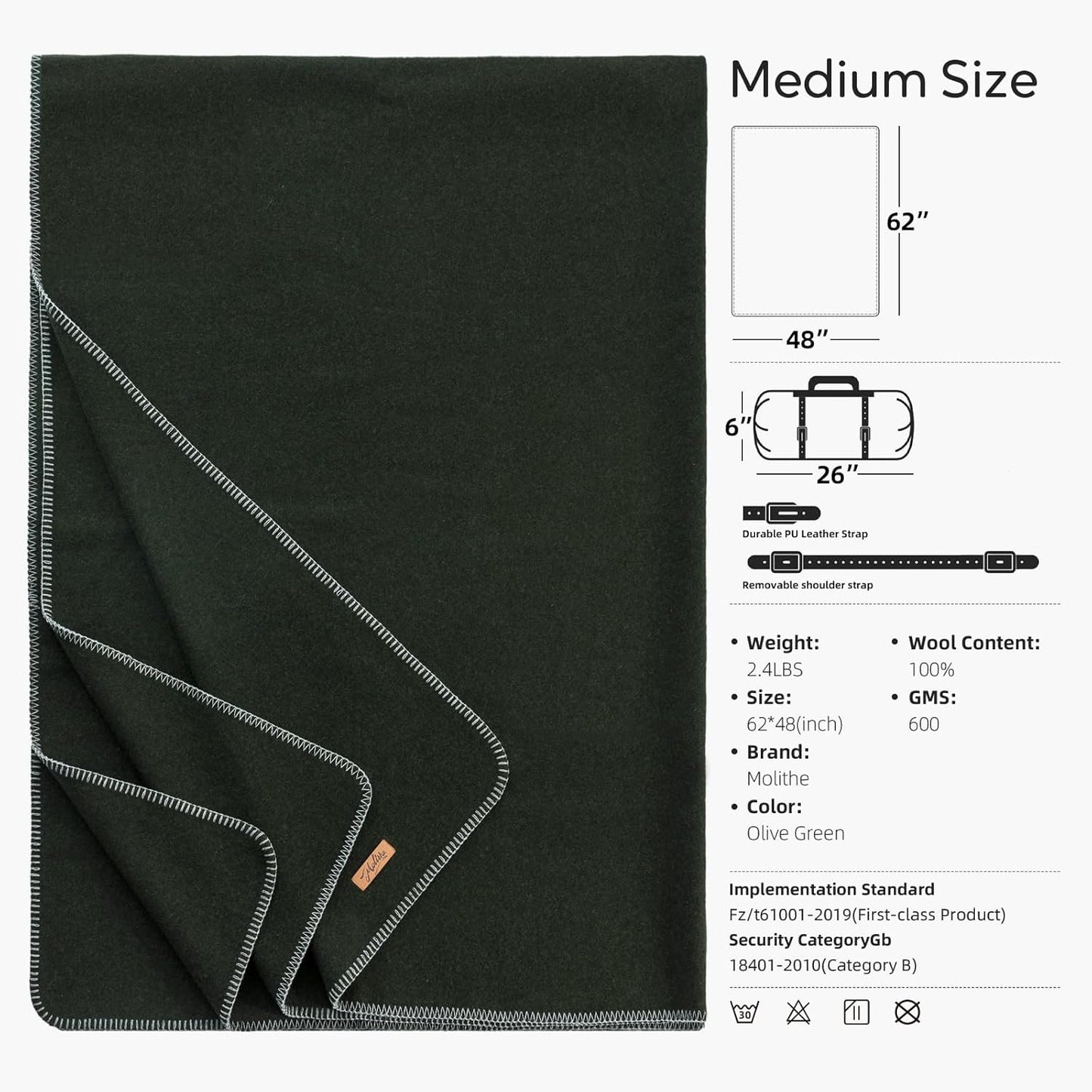 100% Wool Blanket, 48" x 62", Warm, Thick, Washable, Military Wool Blanket, Great for Camping, Outdoors, Sporting Events, Survival Kits，Olive Green