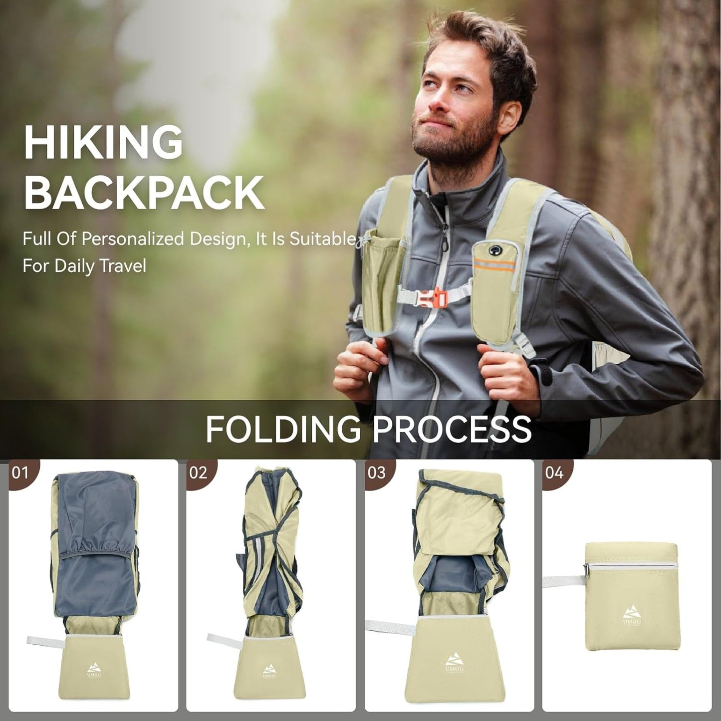15L Small Hiking Backpack for Men Women Lightweight Packable Backpack Foldable Casual Daypack for Camping Travel Outdoor, Beige