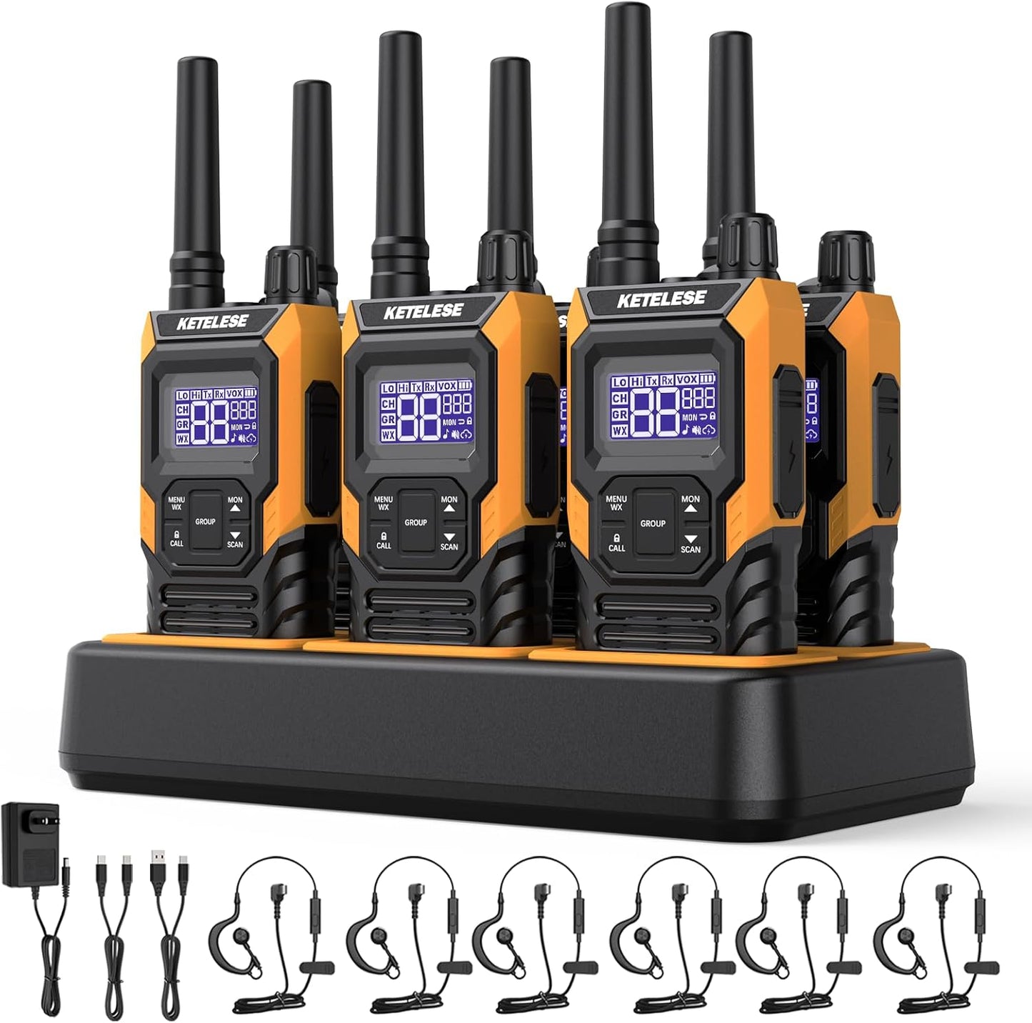 KETELESE T4 Waterproof Radios Walkie Talkies 6 Pack, IP67 FRS Two Way Radio with Headsets and Charging Base, NOAA Weather Alert,PTT,Group,VOX