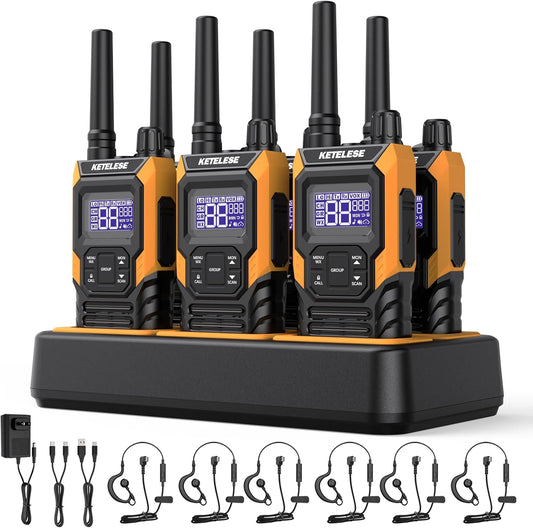 KETELESE T4 Waterproof Radios Walkie Talkies 6 Pack, IP67 FRS Two Way Radio with Headsets and Charging Base, NOAA Weather Alert,PTT,Group,VOX