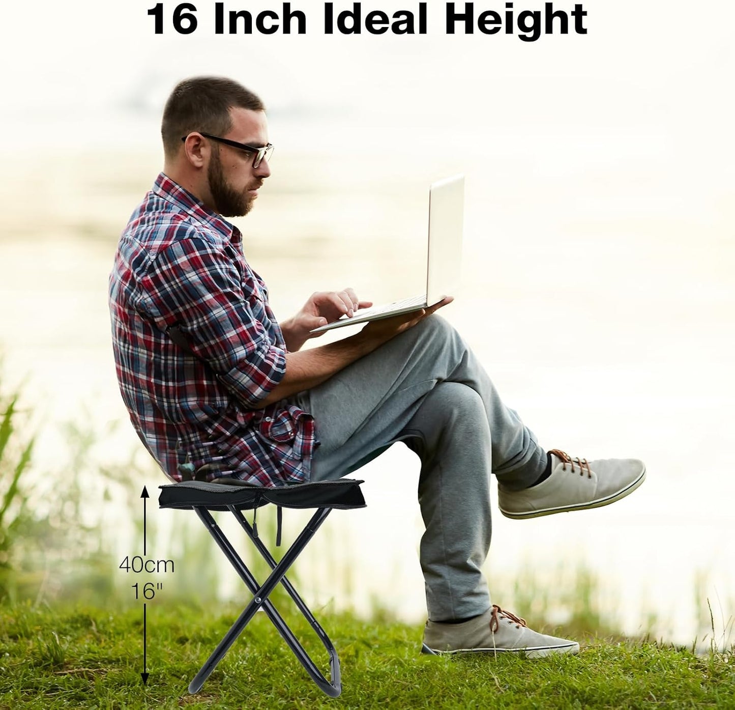 16" Foldable Portable Camping Stool Heavy Duty 350lbs for Adults, Lightweight Travel Stool with Carry Bag, Black