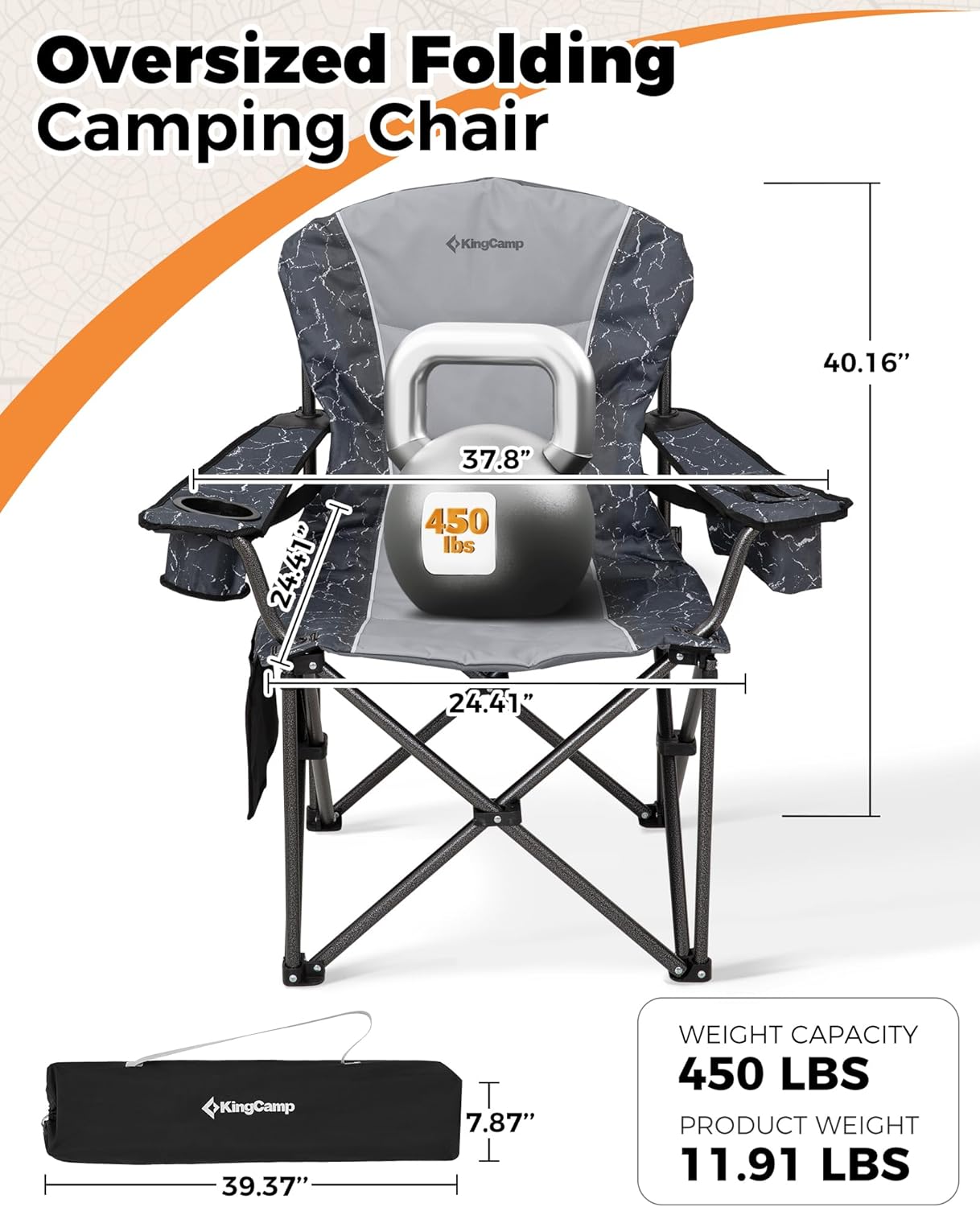 KingCamp Oversized Camping Folding Chair, Heavy Duty 450 LBS with Lumbar Support, Padded seat with Cup Holder&Cooler Bag, Ideal for Camp, Fishing, Sports Event, Backyard, Patio, Lawn (Lava Grey)