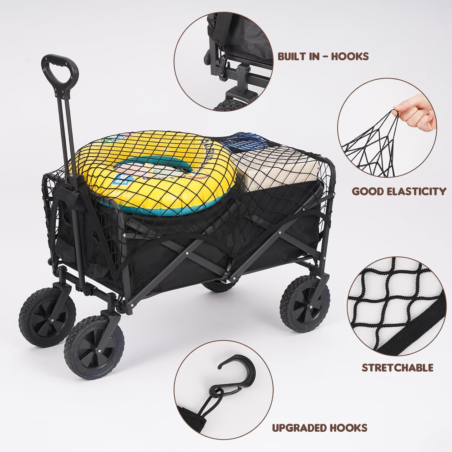 Kaskawise Small Cargo Net for Collapsible Foldable Wagon, Beach Cart, Garden Cart Cover Net - Elastic Mesh Heavy Duty Nylon Net with 6 Hooks - Outdoor Wagon Accessories (35.5"×23.6", Black)