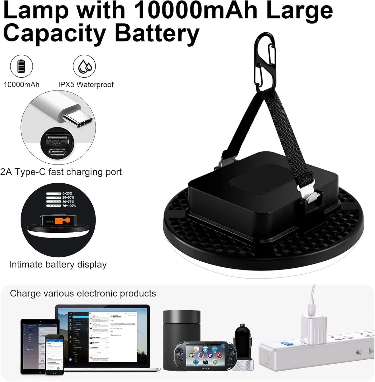 10000mAh 4000LM Flashlight Portable LED Camping Lantern Rechargeable Light 30W with Digital Power Display and Magnet , IPX5 Waterproof Tent Lights Power Failure Emergency Light