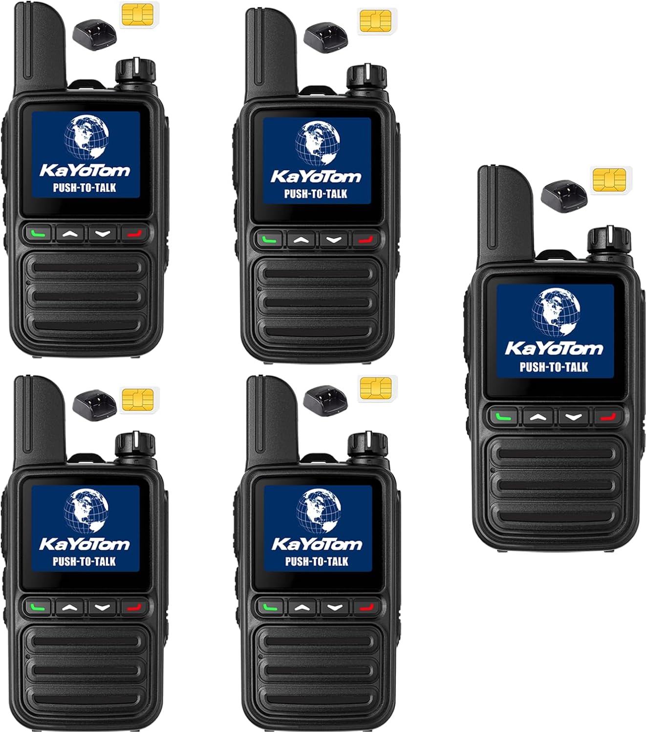 KAYOTOM Global Walkie Talkies Unlimited Range PTT Push-to-Talk Over Cellular Nationwide 5000 Miles POC 4G Handheld Long Range Two Way Radio for Team (with Charge Dock, 5-Packs)