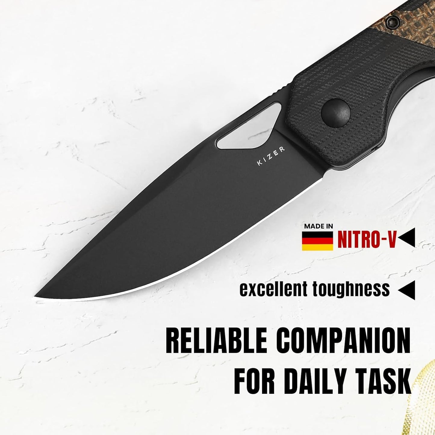 Kizer Militaw EDC Pocket Knife, 3.36'' Nitro V Blade Folding Knife, G10 & Micarta Handle with Pocket Clip, Thumb Hole & Front Flipper Opener, Camping Hunting Knife for Men Women Gift V3634A1