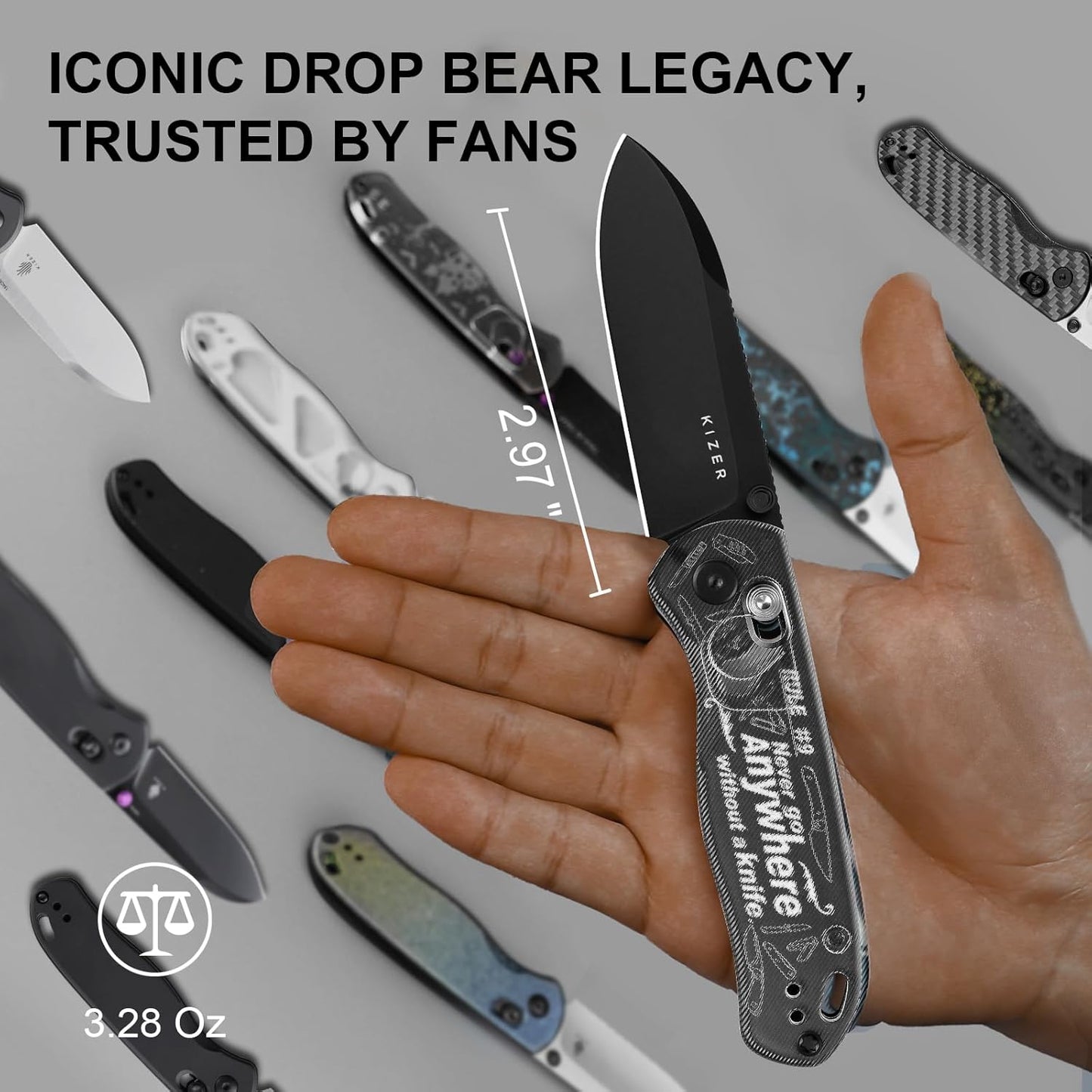 Kizer Drop Bear EDC Pocket Knife, 2.97” Nitro-V Blade Acrylic Handle Folding Knife with Thumb Stud Opener, Clutch Lock EDC Knives for Men Women Gift V3619A14