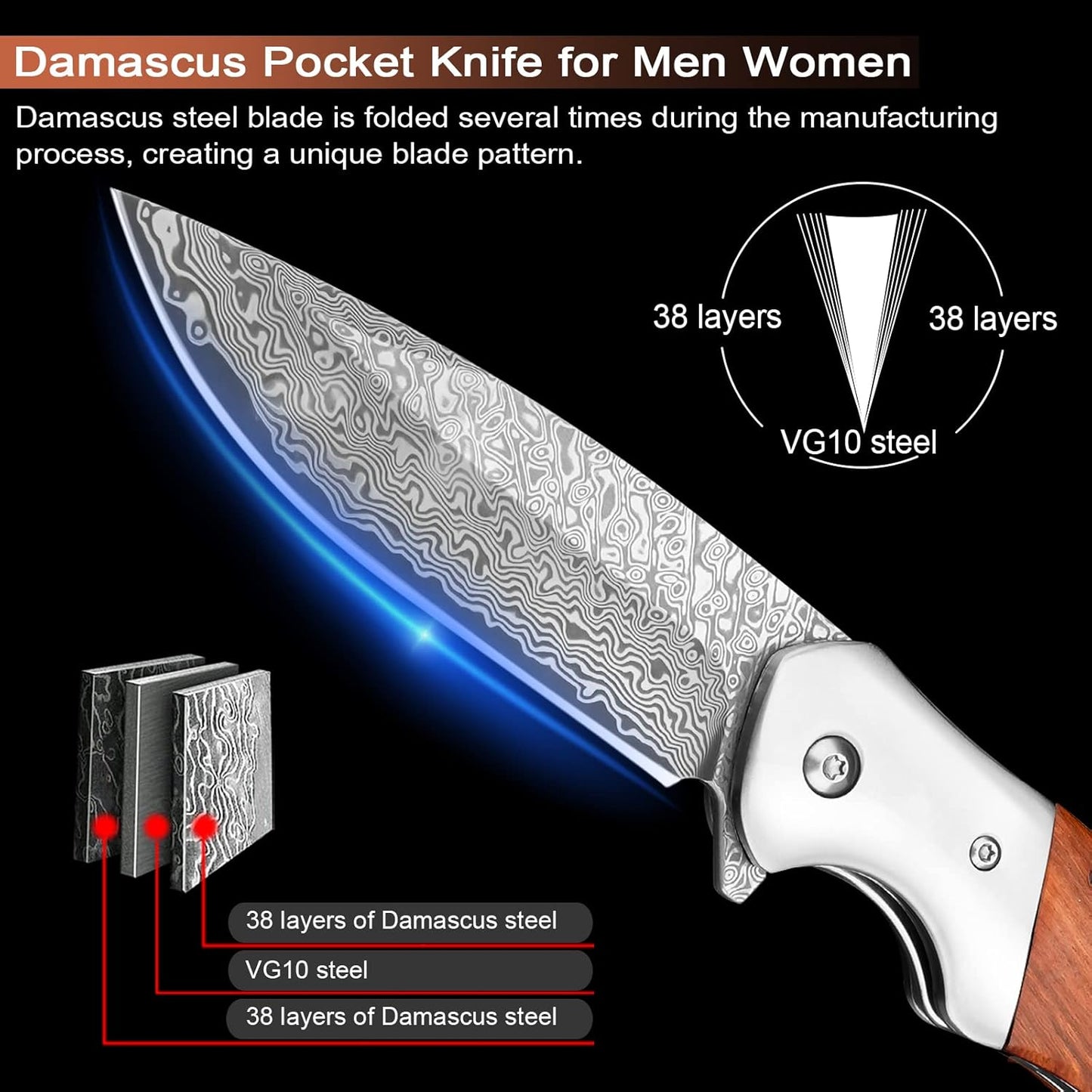 KOMWERO Damascus Pocket Knife, Sharp Damascus Steel Knife with Core VG10 Steel Blade Wood Handle, Folding Knife with Clip for Men Hunting, 60 HRC