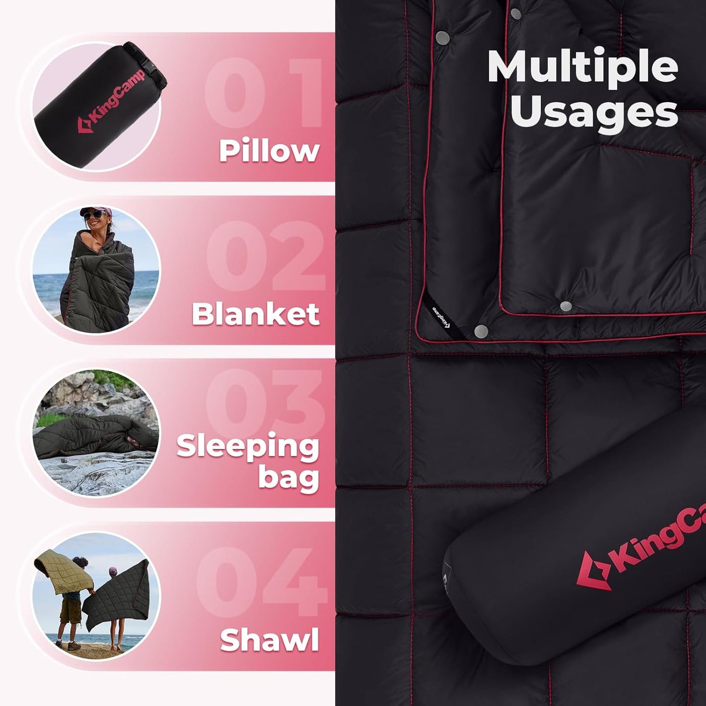 KingCamp Ultralight Camping Blanket, Packable Down Alternative Puffy Wearable Blankets Weatherproof Warm Package Quilt with Snap Buttons for Outdoor Hiking Travel Picnic Stadium (69" x 53", Black)