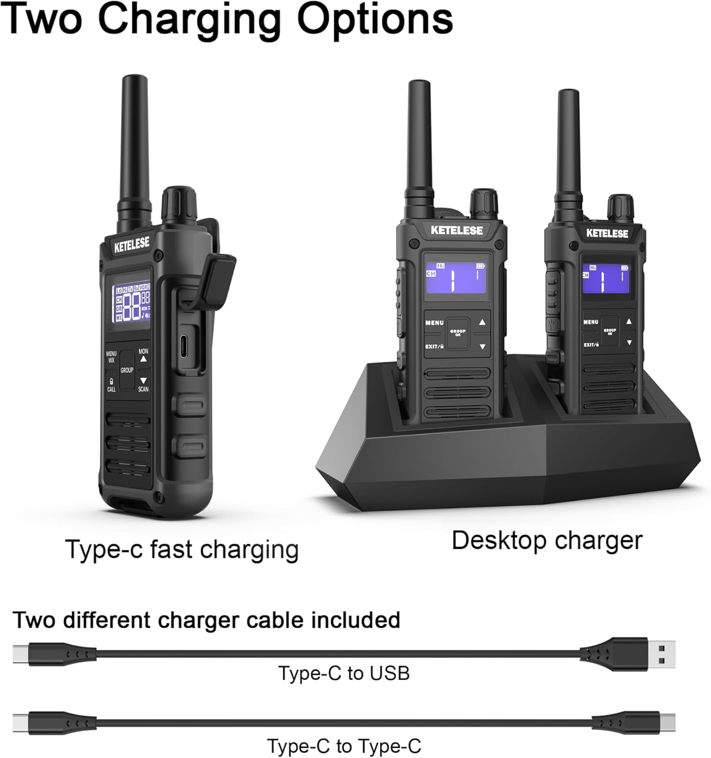 KETELESE T3G IP67 Waterproof Walkie Talkies for Adults, Heavy Duty 2 Way Radios with Earpiece, Three Charging Options, GMRS Radio, USB, NOAA, VOX(2 Pack), Black/Grey