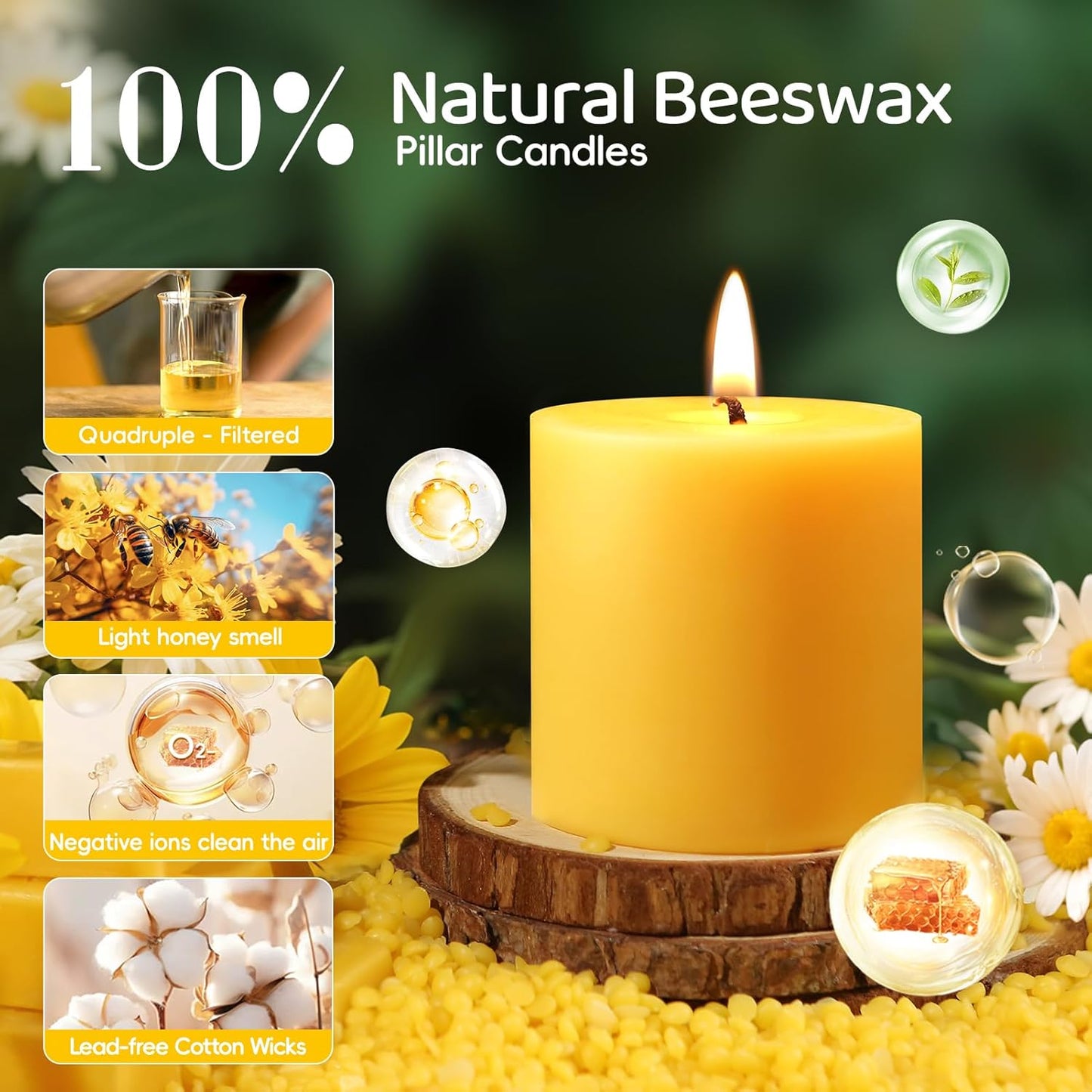 16 pcs-2x2in Natural Beeswax Pillar Candles,Bees Wax Candles for Meditation,320 Hours Long Burning Beeswax Candles,Burning Releases Negative Ions to Purify The Air