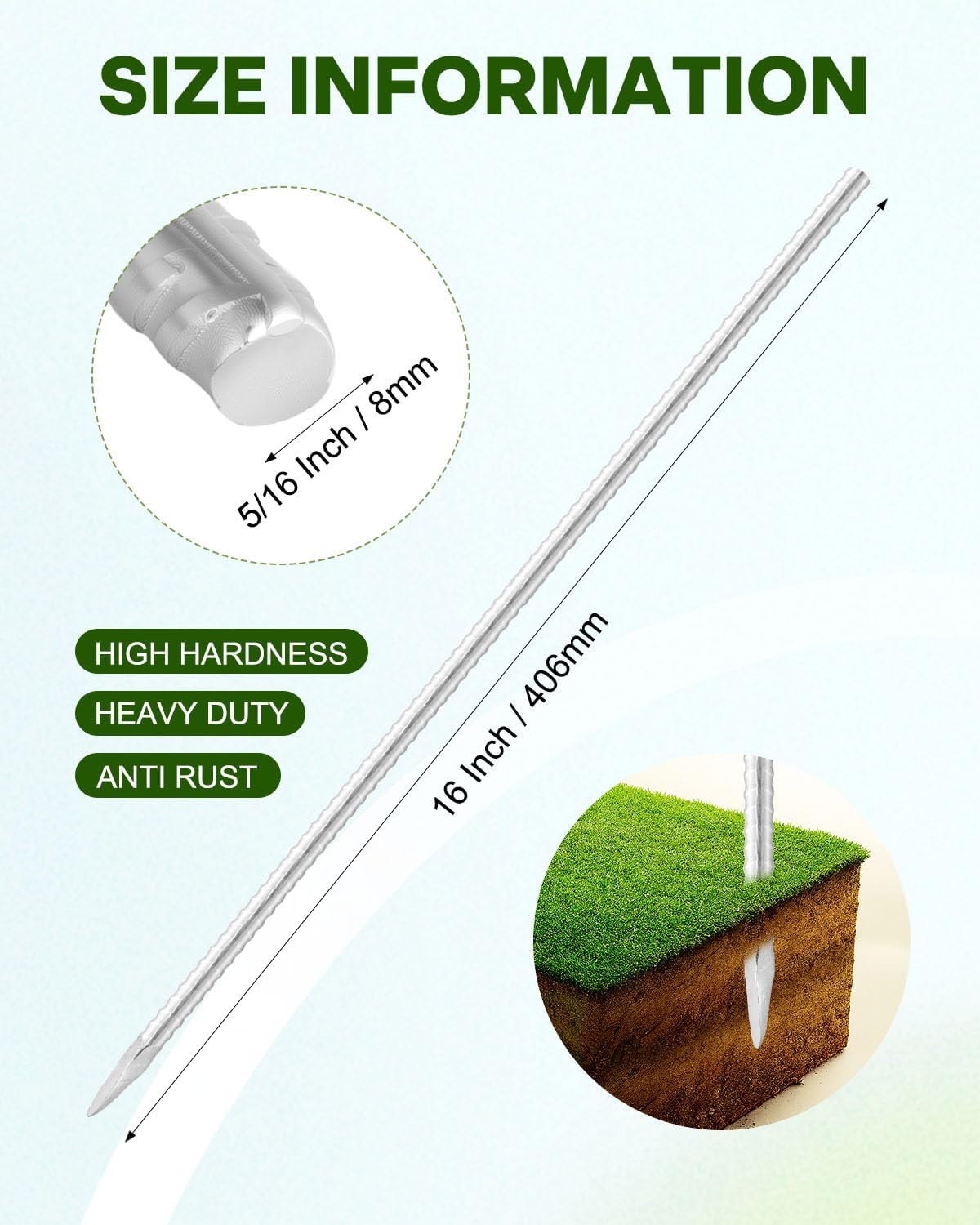 16 Inch Ground Rebar Stakes, 50 Pack Heavy Duty Steel Metal Stakes, Straight Steel Anchors with Chisel Point End, Ground Anchors for Concrete, Garden, Fence, Tent Support