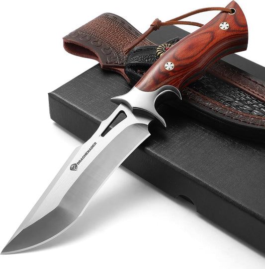 10.24" M390 Knives Hunting Knife Fixed Blade with Leather Sheath, Bushcraft Full Tang Knife Non-slip Red Coloured Wooden Handle