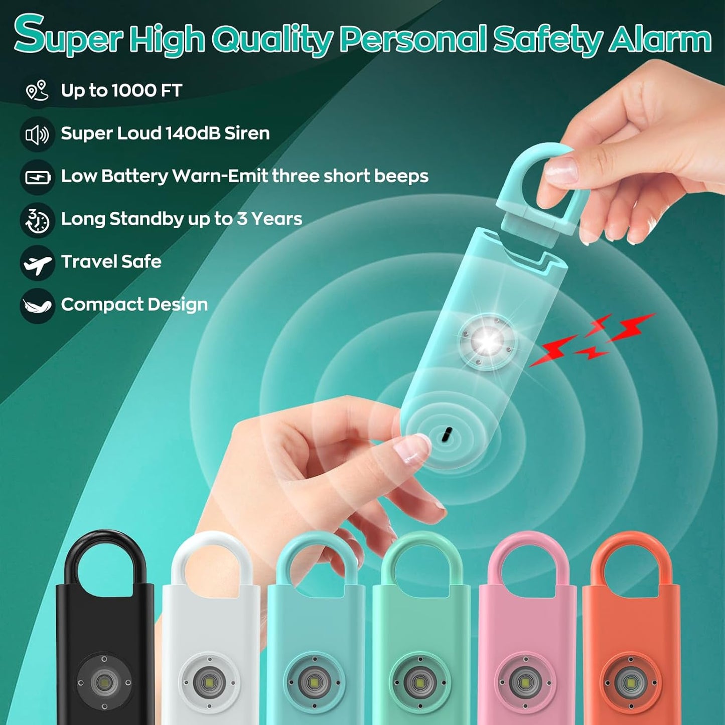 140dB Personal Safety Alarm for Women, 6 Pack Safe Alarm Protection Keychain with Strobe Light & Low Battery Notice, Security Siren Self Defense for Seniors College Girls, Blue+Green+Orange